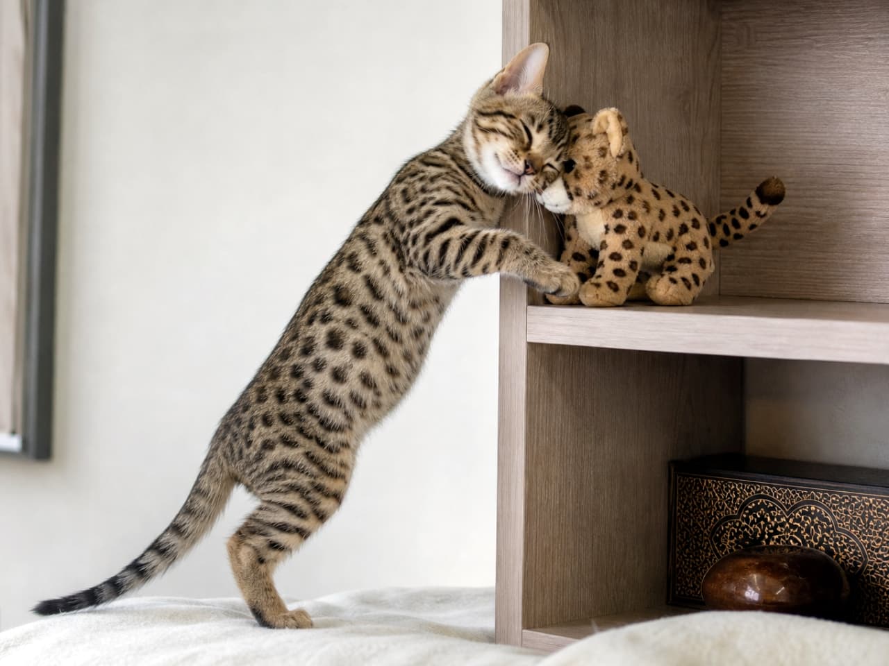 「自分にそっくりなぬいぐるみにスリスリ💕 うっとりした表情がたまらないオシキャットの赤ちゃんです🐆✨ #猫 #子猫 #オシキャット #癒やし #スリスリ」Ultra-realistic high-quality photograph of a beautiful spotted Ocicat kitten standing on its hind legs to rub its head against a miniature matching cheetah-spotted plush cat toy on a wooden shelf in a bright room. The kitten has its eyes closed in a moment of pure bliss and affection, purring with a contented expression. The detailed texture of the kitten's fine fur, the plush toy, and the wood grain of the shelf are sharply defined. 明るい室内で、美しいスポット模様を持つオシキャットの子猫が後ろ足で立ち上がり、木製の棚の上に置かれた自分にそっくりな小さなチーター柄のぬいぐるみに、愛らしく頭を擦り付けている情熱的な瞬間。子猫は目を細め、口元を緩めて、最高に幸せそうでうっとりとした表情を浮かべており、その柔らかそうな被毛の質感、ぬいぐるみの布のテクスチャ、そして木目の棚のディテールが、超リアルな高画質写真で捉えられています