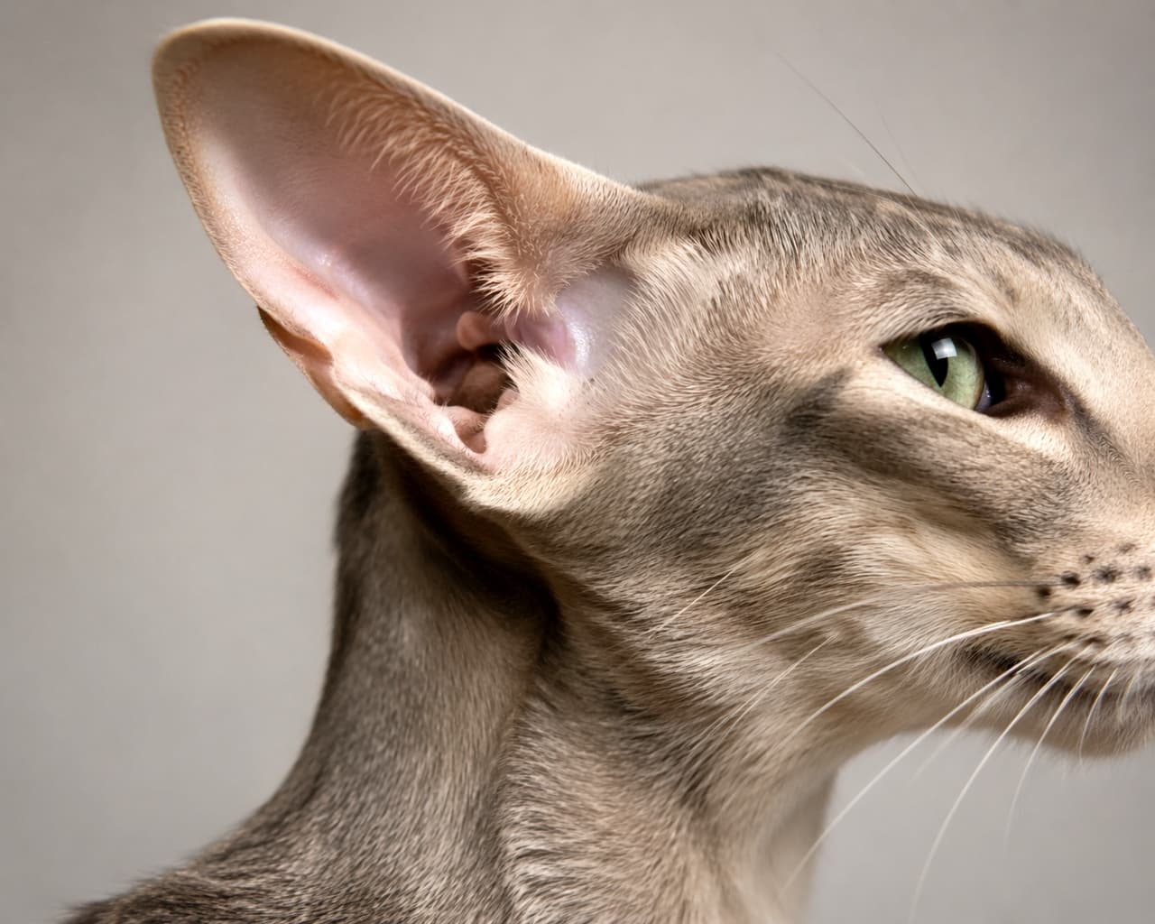 「大きな耳がチャームポイント！🐱✨横顔から見える耳の付け根の小さなスリット「縁ポケット」にも注目してみてね🔍💖」A close-up profile shot of an elegant grey oriental cat, highlighting its large pointed ear and the distinct Henry's pocket at the base of the ear, set against a neutral grey background. グレーの毛色をしたエレガントなオリエンタル種の猫の横顔のクローズアップ。ニュートラルな背景をバックに、特徴的な大きな立ち耳と、その付け根にある縁ポケット（ヘンリーズポケット）がはっきりと写し出されています
