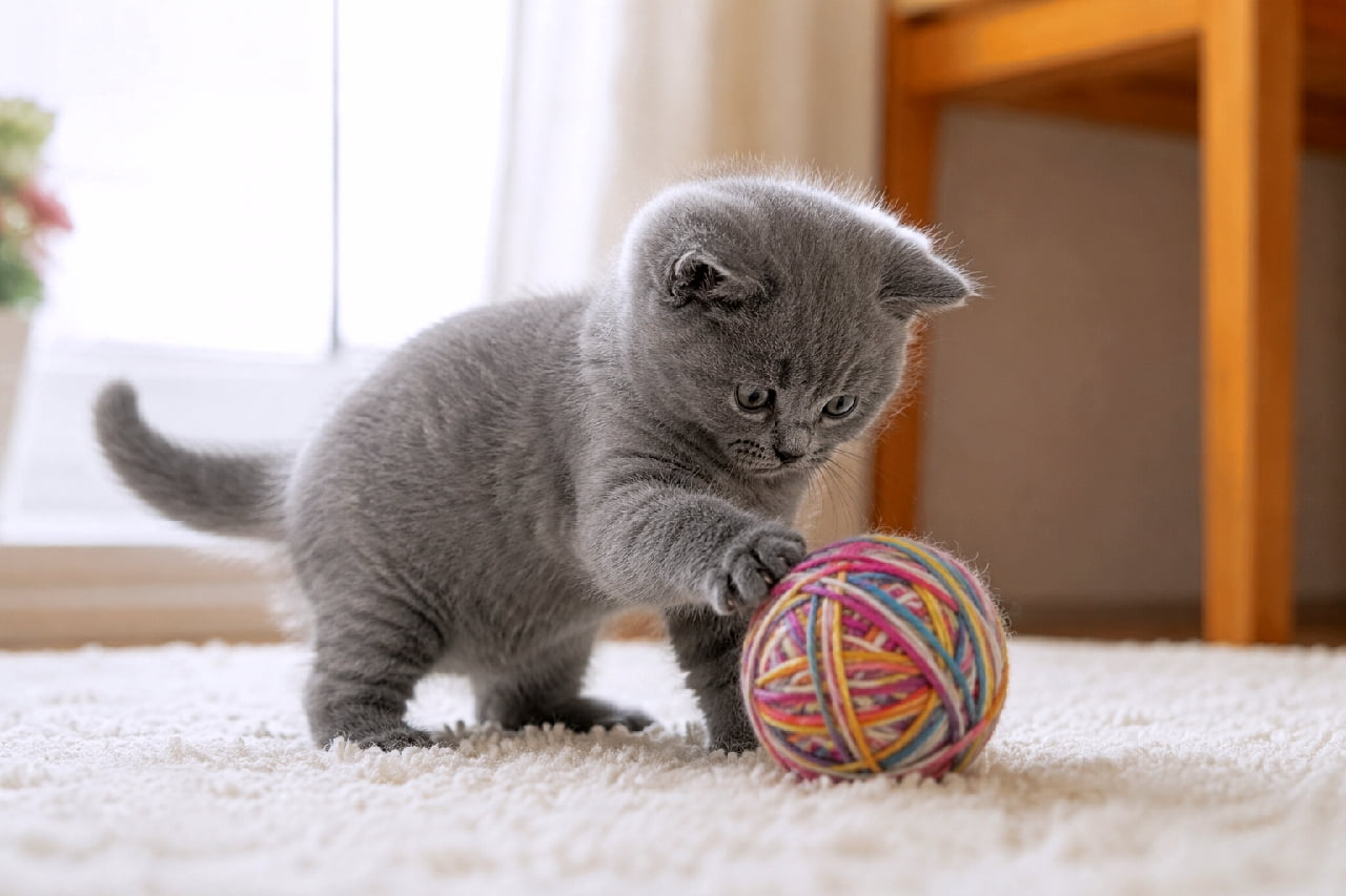 「狙いを定めて…えいっ!🧶🐾 一生懸命に毛糸玉と格闘するむちむちボディがたまりません🤤 一緒に遊んでくれる人募集中🙌✨ #にゃんすたぐらむ #子猫のいる生活 #猫のいる暮らし #ブリティッシュショートヘア」Ultra-realistic high-quality photograph of a playful British Shorthair kitten batting at a large, colorful ball of yarn on a white fluffy rug. Soft natural light beautifully highlights its chubby silhouette and focused expression in a bright room. 明るい室内の白いラグの上で、自分より大きなカラフルな毛糸玉に短い前足を伸ばして遊ぶブリティッシュショートヘアの子猫。柔らかな自然光が猫のぽってりとした体型と真剣な表情を照らし出す、躍動感と色彩豊かな一枚