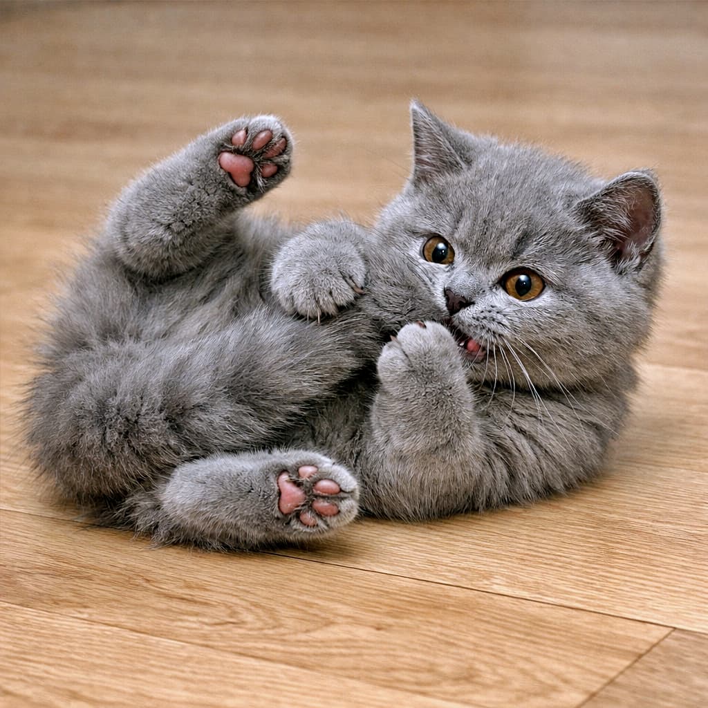 「しっぽを追いかけて大暴走!ころんころん転がる無邪気な遊びタイム」A playful British Shorthair kitten tumbling on a light wooden floor while trying to catch its own fluffy tail. 明るい木の床の上で、自分のふわふわのしっぽを捕まえようとして転がるブリティッシュショートヘアの子猫