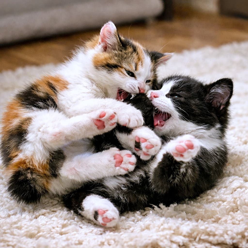 Two kittens, one calico and one black-and-white, playfully wrestling on a soft rug with tangled paws and playful bites. The right ear of the black-and-white kitten may appear partially obscured or missing due to rendering, making its visibility uncertain. じゃれ合う三毛猫と黒白猫の子猫。柔らかいラグの上で前足が絡み、じゃれ噛みしながら遊んでいる。右側の黒白猫の右耳が背景で隠れやすく、描写が不完全に見える可能性あり