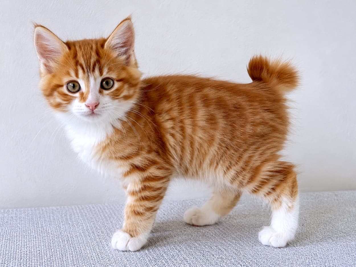 「ポンポンしっぽがチャームポイント！🐾 オレンジの縞模様が超キュートな子猫ちゃんだよ。右前足は…現在、隠れんぼ中かな？🐱✨ 」A photorealistic, high-resolution portrait of a Red Mackerel Tabby and White Kurilian Bobtail kitten with a distinctive pom-pom tail. The kitten stands on a grey textured surface against a plain background. While the fur texture and eye reflections are rendered with professional photographic precision, there is a visible anatomical error due to occlusion, resulting in the front right leg not being depicted at all. 特徴的なポンポン状の尻尾を持つ、レッドマッカレルタビー＆ホワイトのクリリアンボブテイルの子猫の高精細フォトリアル画像。グレーの質感のある布の上に立っています。被毛の質感や瞳の映り込みはプロの写真のように精密に再現されていますが、レンダリング時のオクルージョン（隠蔽）により右前足が完全に描画されておらず、三本足に見えるという生成AI特有の不自然さがあります