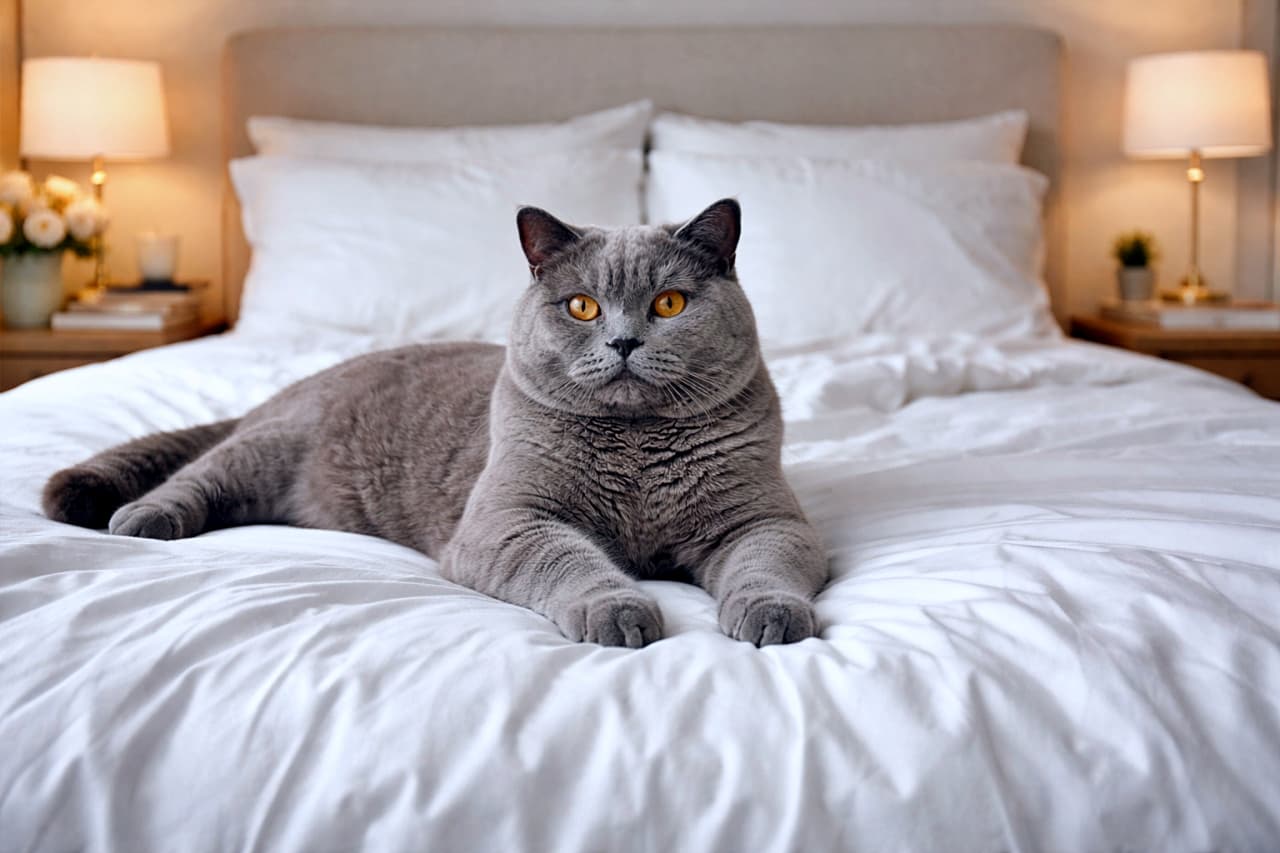 「人間用ベッド?いいえ、今日からここは猫様専用です」A plush grey British Shorthair cat sprawled confidently across the center of a neatly made bed with white linens, framed by pillows in a softly lit bedroom. 整えられた白いリネンのベッド中央を占領し、枕に囲まれて王者の風格を漂わせるグレーのブリティッシュショートヘア