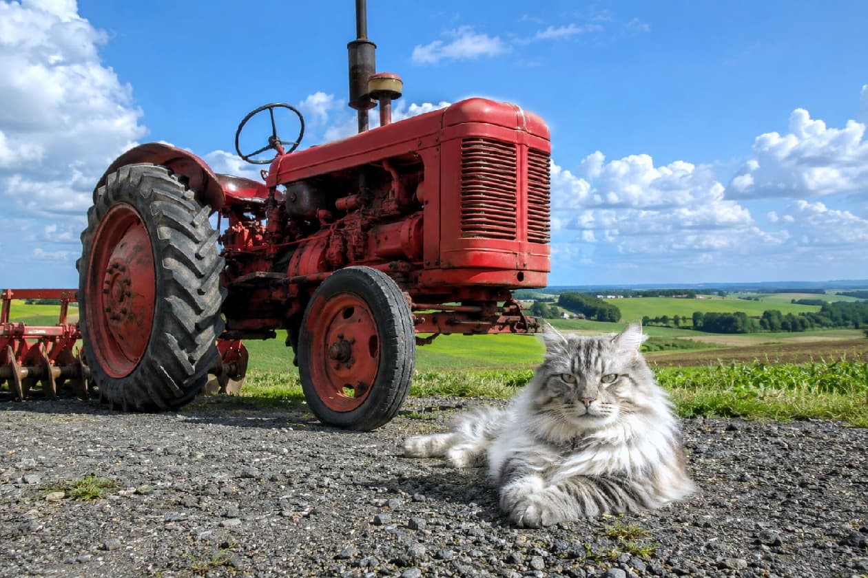 「農場のお手伝いはお休みして、今日はお気に入りのトラクターの前でゴロゴロ〜🚜🐾 大自然の風が気持ちいいニャ✨ #農場の猫 #もふもふ #北海道の風景」Ultra-realistic high-quality photograph of a majestic Siberian cat resting on a gravel road with a vintage red tractor in the background. It features a luxurious coat and wild green eyes, set against rolling green hills. Note: There is an AI occlusion error where the bottom of the tractor's rear tire unnaturally vanishes into the ground. 広大な農場の砂利道で、レトロな赤いトラクターを背景にリラックスして香箱座りを崩したポーズをとるサイベリアンキャット。シルバータビー＆ホワイトの豪華な被毛と、野生味あふれる涼しげなグリーンアイが特徴。背景には緑の丘陵と青空が広がるリアルな高画質写真だが、AI特有のオクルージョンエラーによりトラクターの左後輪の接地面が不自然に消えてしまっている
