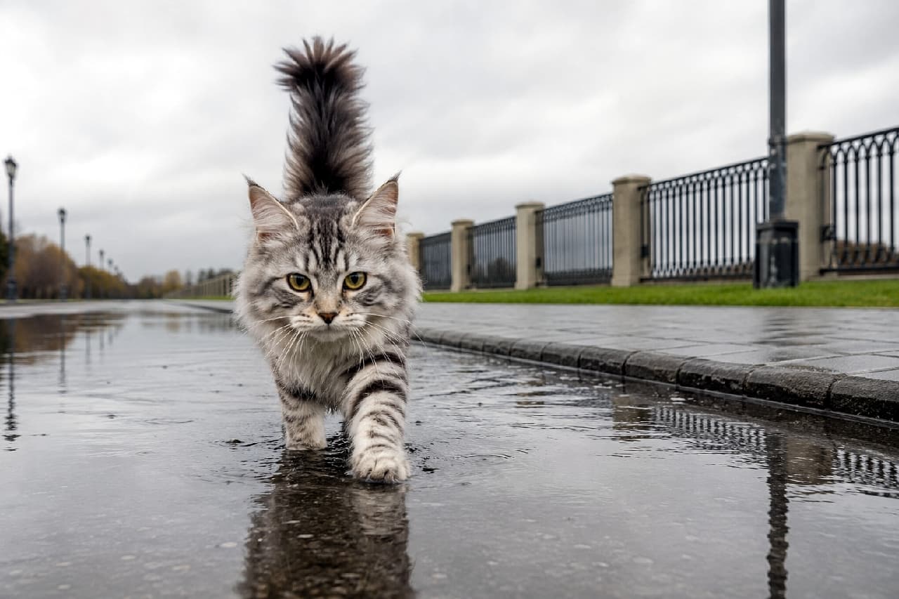 「雨上がりのお散歩も悪くないにゃ🐾 水たまりに映るシルエットがかっこよすぎる✨🐈 #サイベリアン #雨上がり #猫の散歩 #子猫 #水たまり #リフレクション」Ultra-realistic high-quality photograph of a majestic silver tabby Siberian cat with a fluffy tail walking on wet pavement after rain. The cat's reflection in the puddle and the moody overcast atmosphere create a cinematic and dramatic scene. 雨上がりの濡れた石畳の公園を堂々と歩く、豊かな被毛とピンと立てたふさふさのしっぽを持つシルバータビーのサイベリアン。水たまりに美しく反射した猫のシルエットと、曇り空の下のしっとりとした空気感が、ドラマチックで映画のワンシーンのような情景を描き出しています