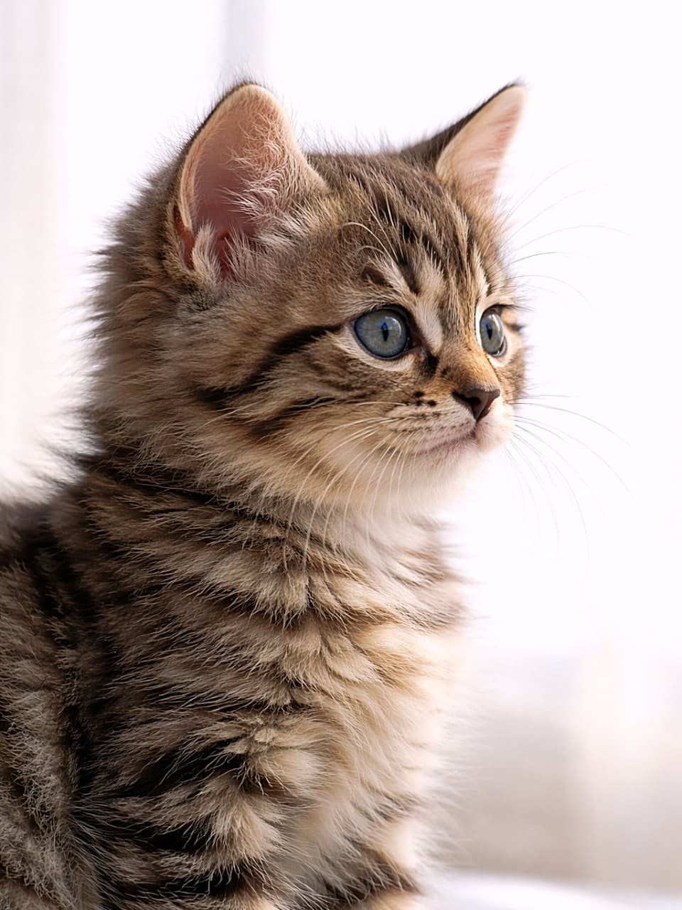 「お耳くっきり！横顔美人なふわふわ子猫ちゃん🐾✨」Photorealistic side-view portrait of a fluffy tabby kitten with both ears fully visible and clearly outlined, blue eyes, detailed fur texture, soft natural window light, bright plain background. 両耳の輪郭がはっきり見える、ふわふわのキジトラ子猫の横顔ポートレート。青い瞳と柔らかな自然光、明るい無地背景、高精細な毛並み描写