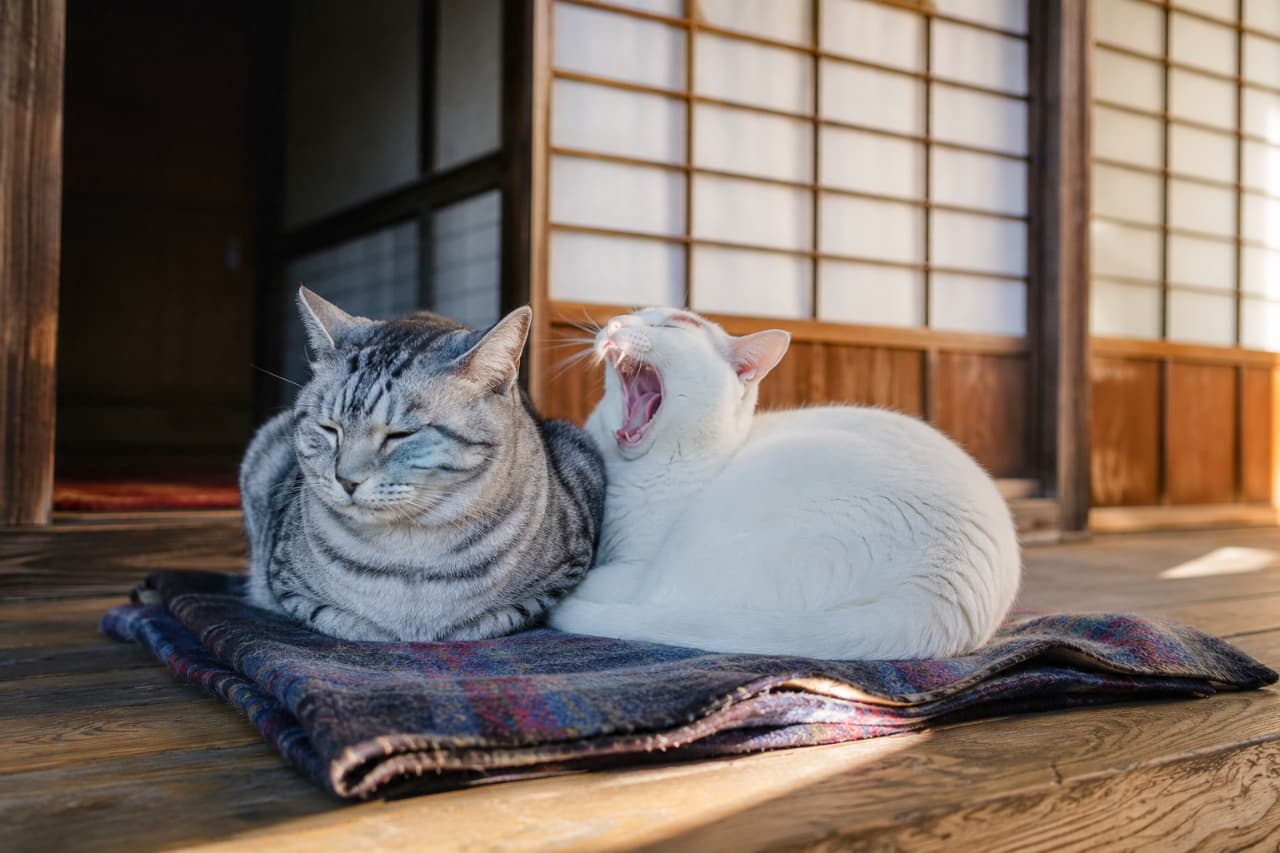「ぽかぽか陽気の縁側で大あくび🥱☀️一緒に並んでお昼寝する姿に、日々の疲れも吹き飛びますね🐈💕 #サバトラ #白猫 #ひなたぼっこ」Ultra-realistic high-quality photograph of a silver tabby cat resting with its eyes closed next to a white cat letting out a big yawn on a blanket on a traditional Japanese porch. The white cat is distinctively missing its right ear. Illuminated by warm afternoon sunlight. 日本家屋の縁側で、心地よさそうに目を閉じるサバトラ猫と、その隣で大きなあくびをする白猫が毛布の上に並んでくつろぐ情景。白猫の右耳が欠けている点が特徴的。温かい西日が差し込む超高画質な写真で