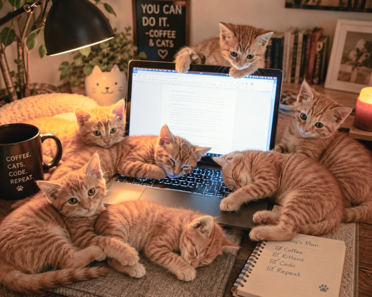 「「お仕事はもう終わりにして遊ぼうにゃ？」💻💤 夜の残業を邪魔してくる可愛すぎる茶トラ軍団🐈✨ #猫のいる生活 #テレワーク」Ultra-realistic high-quality photograph of six ginger tabby kittens taking over a desk at night. Illuminated by a warm desk lamp, the kittens are sleeping on the laptop keyboard, peeking from behind the screen, and looking directly at the camera. The cozy atmosphere is enhanced by a mug reading "COFFEE. CATS. CODE. REPEAT." and work-related items.　温かなオレンジ色のデスクランプに照らされた夜のワークスペース。ノートパソコンのキーボードや周辺でくつろぐ6匹の茶トラ（レッドタビー）の子猫たち。画面の向こうから顔を出す子、キーボードの上で気持ちよさそうに眠る子、じっとこちらを見つめる子など、それぞれの愛らしいポーズが描かれています。「COFFEE. CATS. CODE. REPEAT.」と書かれたマグカップやメモ帳など、リアルな仕事環境と無邪気な子猫のコントラストが魅力的な一枚