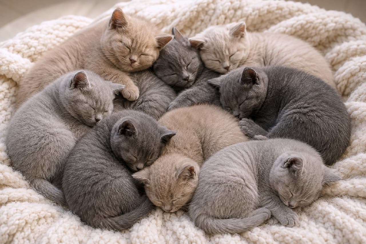 「ふわふわのお団子みたい🍡💤ブルーとクリームの優しい色合いに包まれて、みんなでどんな夢を見ているのかな?🐈💭 #猫のお昼寝 #ねこ好き #子猫 #癒やしの時間 #ねこ部 #日常の風景 #猫のいる暮らし #ブリティッシュショートヘア」Ultra-realistic high-quality photograph of a pile of blue and cream British Shorthair kittens sleeping curled up together like a fluffy ball on a chunky white knit blanket. The dense, elegant grey and soft cream coats blend beautifully in a peaceful, heartwarming composition. 白いざっくり編みの毛布の上で、お互いの温もりを求めるようにお団子状に丸まって眠るブリティッシュショートヘアの子猫たち。上品なブルーと柔らかなクリーム色の密生した被毛が美しく交じり合い、穏やかな光の中で平和で幸せな夢の時間を表現しています