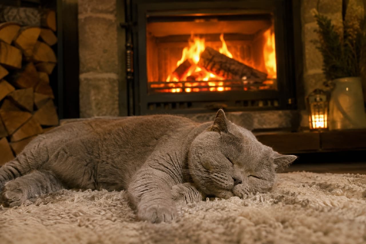 「暖炉の前は特等席🔥💤 ぽかぽかのお部屋で無防備に眠る姿に、日々の疲れも吹き飛びますね!一緒にゴロゴロしたい人〜?🙋♀️🐾 #猫の寝顔 #冬の風物詩 #猫のいる暮らし #ブリティッシュショートヘア」Ultra-realistic high-quality photograph of a blue British Shorthair cat sleeping peacefully on a fluffy rug in front of a glowing fireplace. The warm, amber light from the fire beautifully illuminates the cat's round silhouette and velvety grey coat, creating an atmosphere of ultimate relaxation and coziness. 燃え盛る暖炉の前に敷かれたふかふかのラグの上で、気持ちよさそうに横たわって熟睡するブルーのブリティッシュショートヘア。暖かな炎のオレンジ色の光が、猫の丸みを帯びた輪郭とビロードのような灰色の被毛を優しく照らし出す、極上のリラックス空間