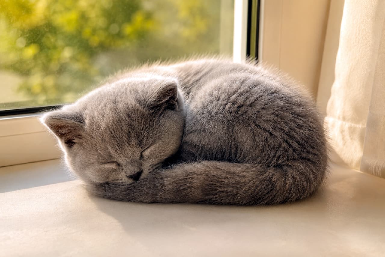 「ぽかぽかお日様とお昼寝タイム☀️💤 丸まったふわふわボディがたまらない!一緒にお昼寝したい人〜?🙋♀️🐾 #猫のいる暮らし #ブリティッシュショートヘア」Ultra-realistic high-quality photograph of a British Shorthair kitten curled up and sleeping on a windowsill bathed in warm sunlight. Its dense, fluffy blue coat glows softly in the backlight, beautifully capturing a peaceful and deeply relaxing moment. 暖かな日差しが差し込む窓辺で、アンモナイトのように丸まって眠るブリティッシュショートヘアの子猫。ブルー(灰色)の密生したふかふかの被毛が逆光で黄金色に輝き、穏やかに目を閉じた寝顔が、平和でリラックスした情景を豊かに伝えています