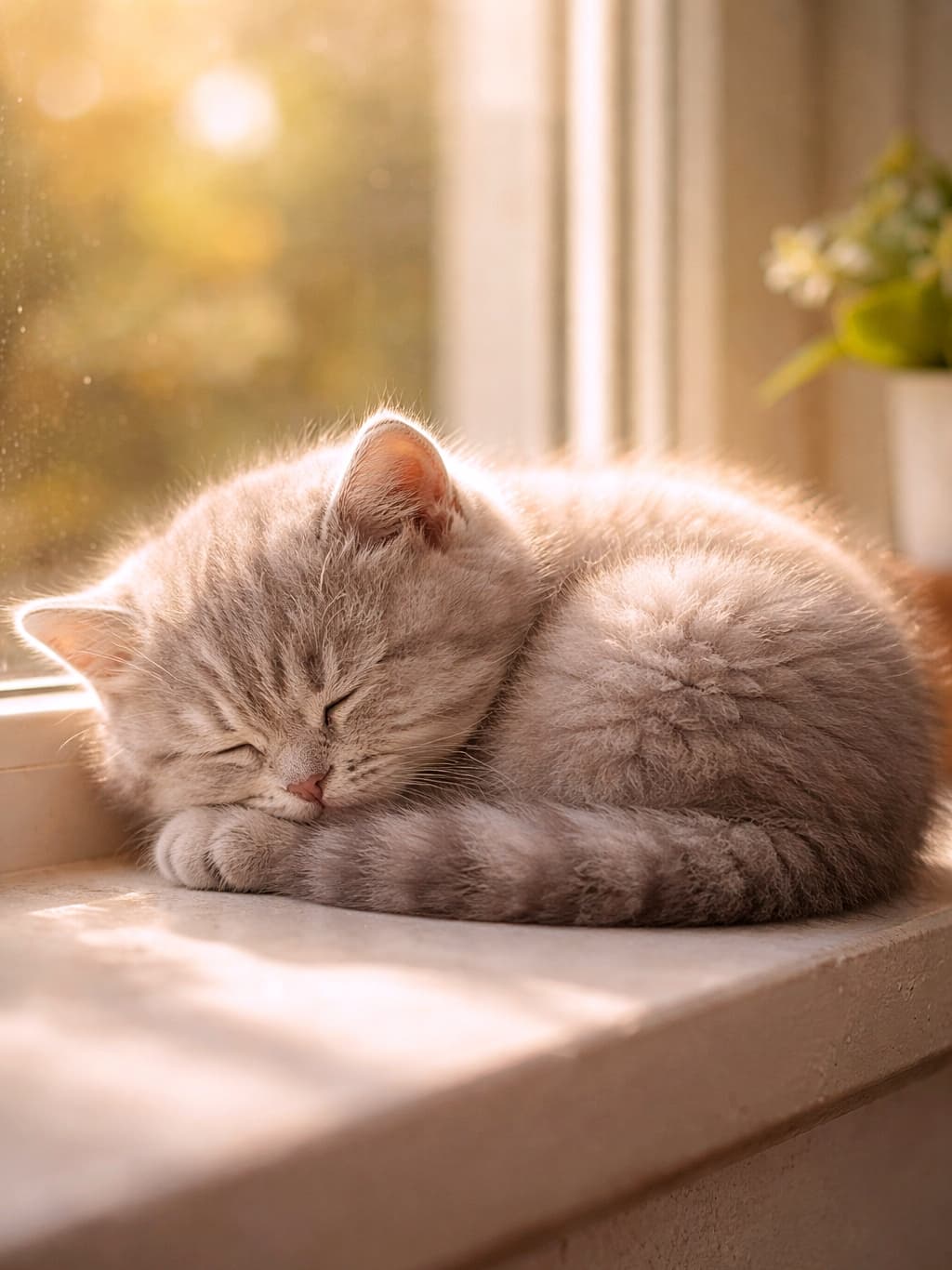 「ぽかぽか窓辺で充電中。まんまる寝姿に癒やしがぎゅっと凝縮」A sleepy British Shorthair kitten curled tightly into a fluffy ball on a sunlit windowsill, bathed in warm golden morning light with soft shadows. 暖かい朝の陽ざしに包まれ、窓辺でふわっと丸くなって眠るブリティッシュショートヘアの子猫