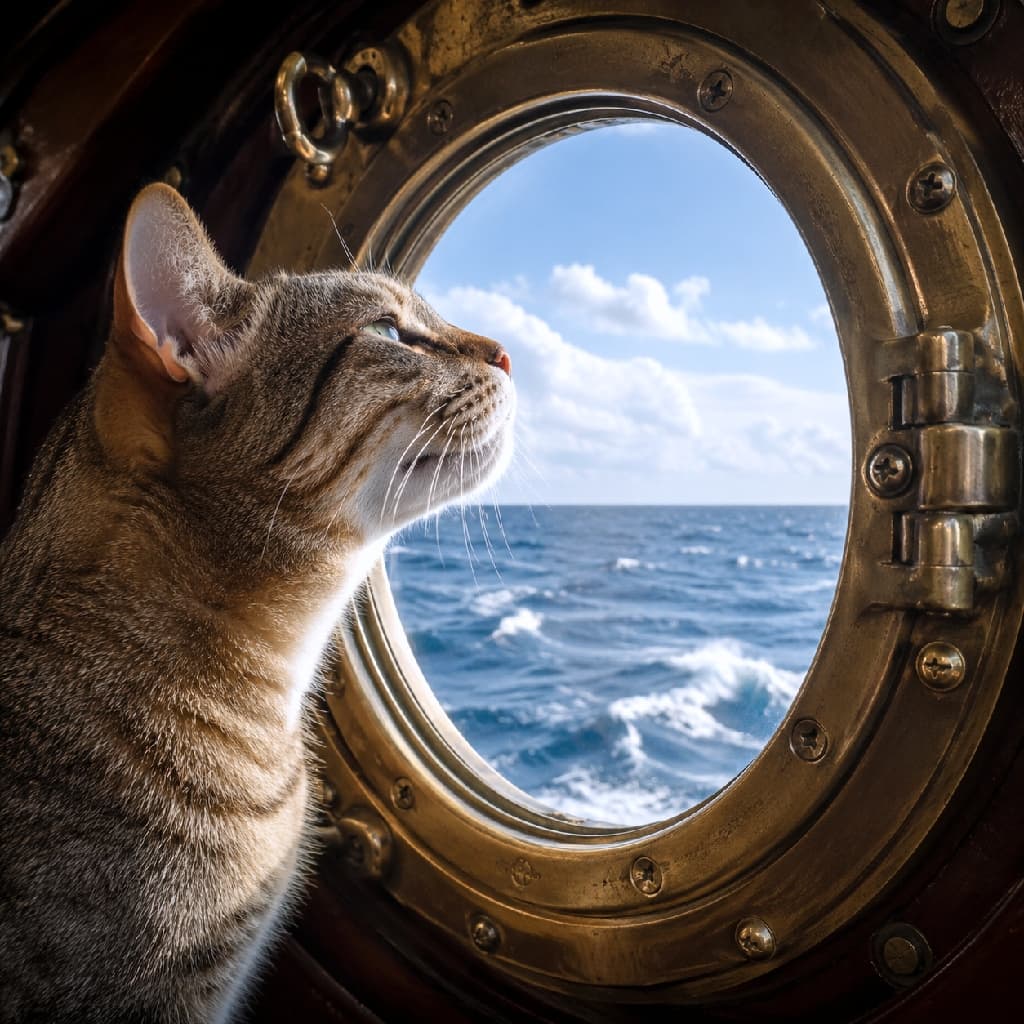 「荒波の匂いもへっちゃら!勇敢な船乗り猫ちゃんのお通りニャ⚓️🐈⬛ キリッとした横顔に惚れ惚れしちゃう🌊💙 #船乗り猫 #冒険の始まり」Ultra-realistic high-quality photograph of a majestic tabby cat sniffing the salty wind through a sturdy brass porthole facing a choppy sea. The cat's left ear is occluded by the window frame, enhancing the realistic, tight perspective of looking out from inside the cabin towards an adventure. 真鍮製の頑丈な丸窓から、白波が立つ少し荒々しい海を見つめ、力強く潮の匂いを嗅ぐキジトラ猫。緻密な被毛の質感とキリッとした横顔が美しい。手前の窓枠によるオクルージョンで左耳が隠れており、それが逆に船内から外を覗き込む閉塞感と外の世界への冒険心を強く演出している超高画質画像
