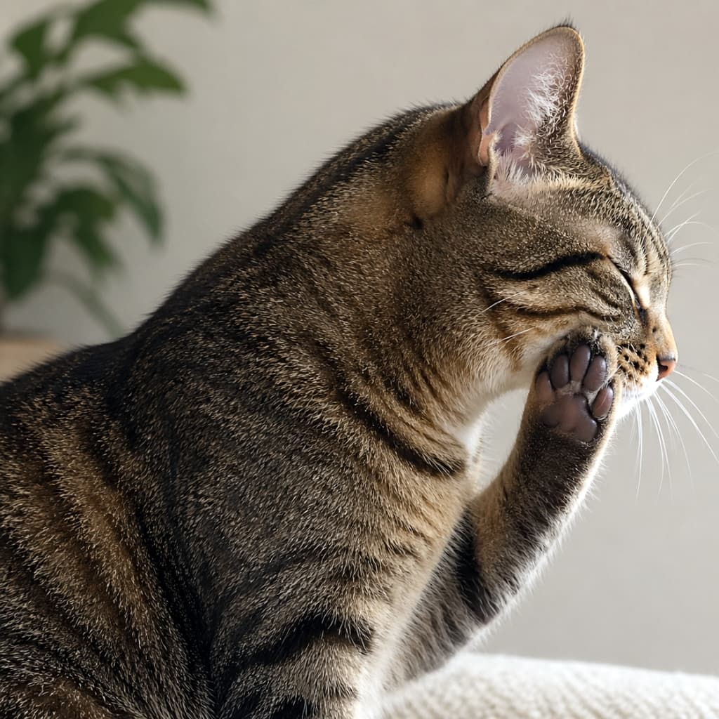 「お顔をフキフキおめかし中🐱💦 でもあれれ…？よく見るとお耳が少し消えちゃってるよ〜！🙀」Ultra-realistic high-quality photograph of a tabby cat grooming its face with its paw. *Note: The left ear is partially missing due to an occlusion error during AI generation. 前足でお顔を毛づくろいしているキジトラ猫。※ただし、AI生成時のオクルージョン（手前にある前足などが奥を隠す現象）のエラーにより、左耳の一部が不自然に欠損しています