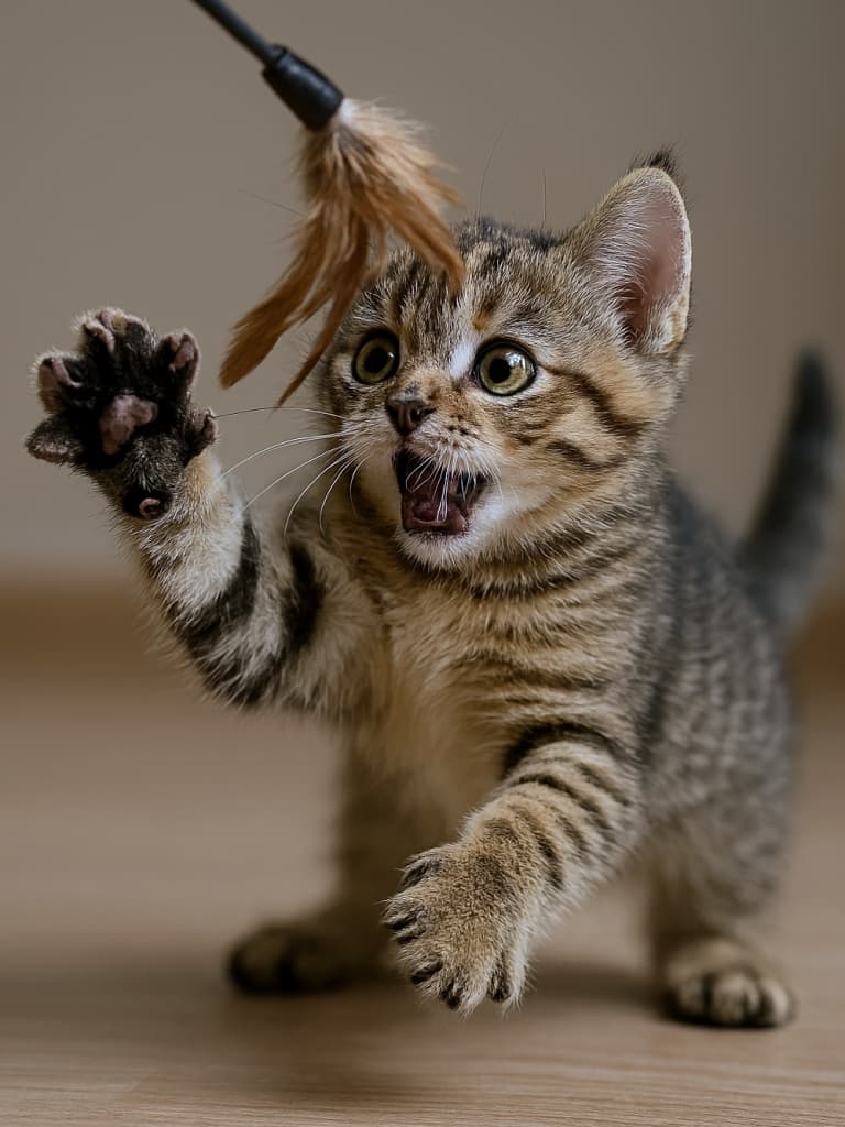 「元気いっぱいのトラねこが、羽のおもちゃに全集中！この瞬間、遊び心が爆発する」A playful tabby kitten with wide eyes and raised paw reaches for a feather toy, captured from a low angle on a wooden floor. 木製の床で羽のおもちゃに飛びつこうとする、目を見開いた元気なトラ柄子猫。低めのアングルから撮影