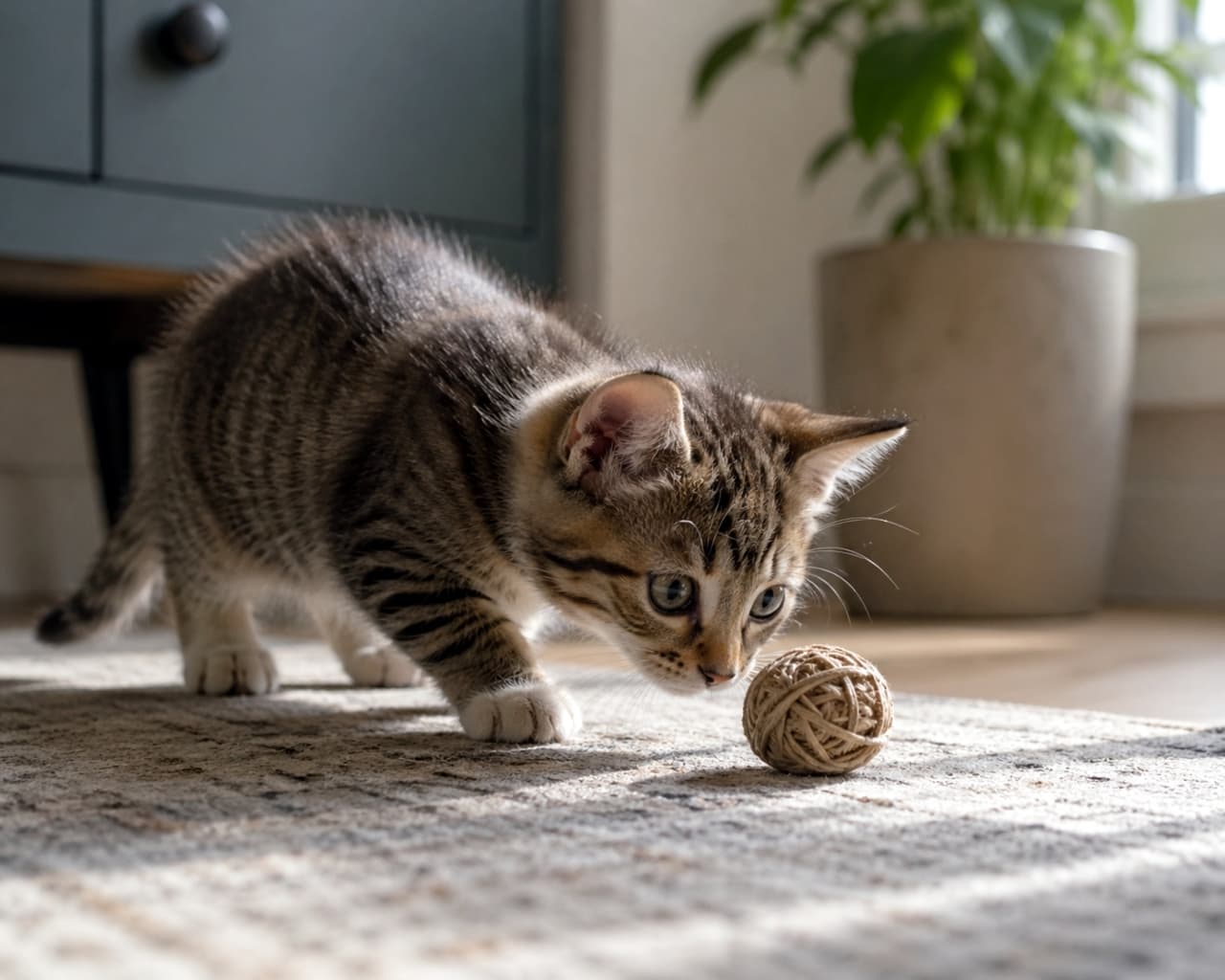 「ボールを狙って全集中！のはずが、大事な前足がどこかへ消えちゃった大ピンチ！？🐾 」A tabby kitten crouched on a rug, staring at a twine ball. The image exhibits a prominent AI artifact: the kitten's left front leg is entirely missing from the body's structure. There is no physical obstruction or shadow that accounts for its absence; the torso simply ends where the leg should join. 絨毯の上で紐ボールを見つめるトラ猫の子猫。AI生成による顕著な欠損（アーティファクト）があり、左前足が体の構造から完全に消えています。障害物や影による隠れではなく、足の付け根があるべき場所で胴体が不自然に途切れております
