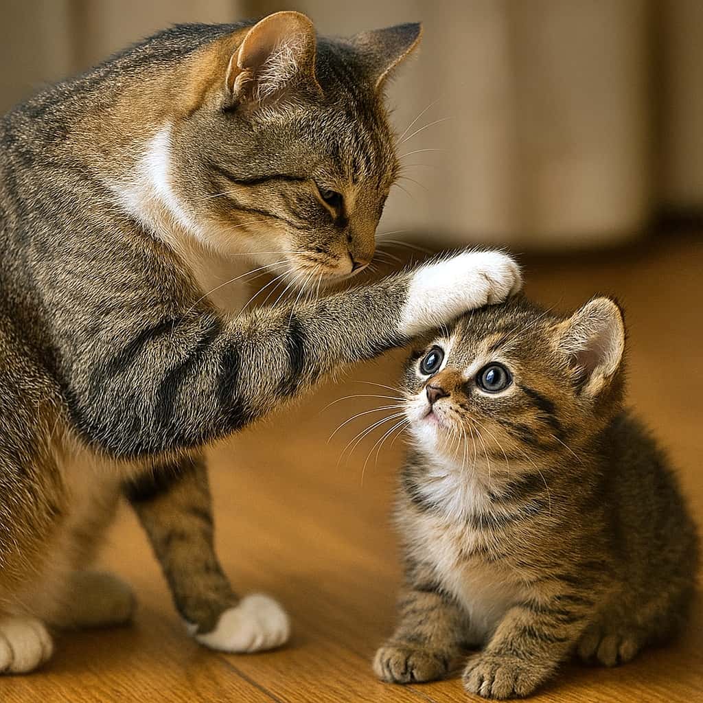 「「よしよし、いい子だニャ〜」🐾💕お母さん猫が子猫の頭を優しくなでなでしている、とっても癒される親子のワンシーンです🏡✨」A heartwarming scene of a tabby mother cat gently placing her white-tipped paw on the head of her small, wide-eyed kitten, sitting together on a warm wooden floor. 木目の床に並んで座るキジトラ模様の親猫と子猫の心温まる様子。親猫が白い靴下を履いたような前足を、目を丸くした可愛らしい子猫の頭に優しく乗せています