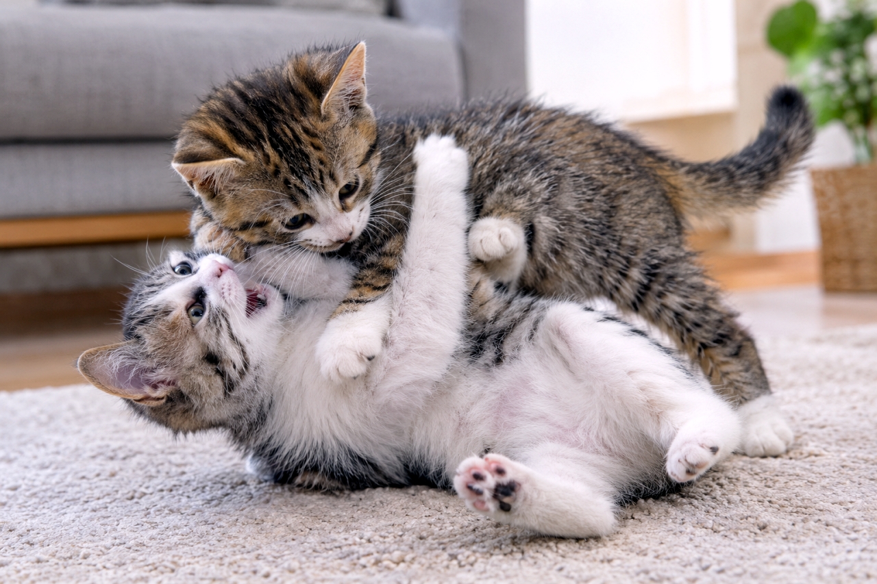 「絨毯の上でダイナミックなバトル!夢中で転がる姿に癒やされまくりですッ🐾元気いっぱい! #猫のいる暮らし」Ultra-realistic high-quality photograph of two playful brown tabby and white shorthair kittens wrestling on a beige rug. One lies on its back with an open mouth pulling the other close, while the upper kitten twists sideways. Natural light highlights their soft fur, paw pads, and a cozy indoor background. 明るい室内のベージュラグの上で無邪気に組み合う2匹の短毛種キジトラ白子猫。仰向けになった猫はお腹を見せて口を開けながら相手を引き寄せ、上の猫は体をひねって脱出しようと応戦している。ふんわりとした毛並みや足裏の肉球、背景のソファや観葉植物、注ぎ込む自然光まで高精細に描写された写真