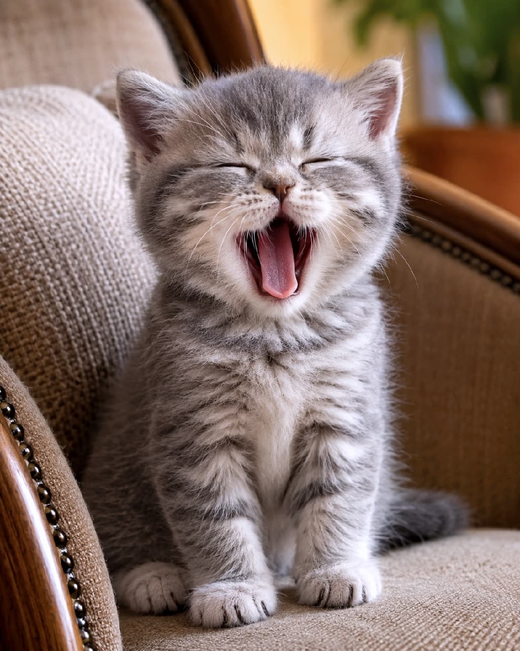 「ふぁ〜あ、なんだか眠くなってきちゃった🥱💤 全力の大あくび、見ているこっちまでつられそう!😂💖 #ねこのあくび #シルバータビー #猫好きさんと繋がりたい #子猫 #猫のいる暮らし #ブリティッシュショートヘア」Ultra-realistic high-quality photograph of a silver tabby British Shorthair kitten sitting on a beige upholstered chair, yawning widely with its eyes squeezed shut and tiny pink tongue showing, capturing a perfectly relaxed moment. クラシックなベージュの布張りチェアの上で、目をギュッと閉じて大きく口を開けてあくびをするシルバータビーのブリティッシュショートヘアの子猫。ピンクの舌や、美しい縞模様の被毛の柔らかさが、リラックスした日常の瞬間を捉えています