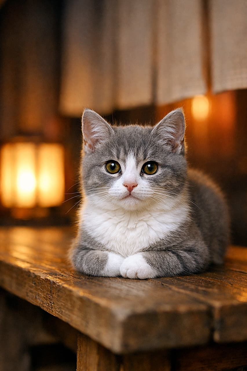 「行灯のぬくもりに包まれて、ちょこんと香箱の子猫がひと休み🐾」A grey-and-white kitten sits in a natural loaf position on a wooden bench, softly illuminated by warm andon lantern light filtered through a noren curtain. The fur is finely detailed, the eyes reflect the lantern glow, and the scene is shot at eye level with an 85mm f/1.8 look, clean shadows, and controlled highlights. 灰白の子猫が木のベンチで自然な香箱座りをし、行灯の柔らかな明かりとのれん越しの暖色に包まれている。毛並みは繊細で、瞳には行灯の反射が映り、85mm f/1.8らしい浅い被写界深度とノイズのない暗部、飛ばないハイライトで描写されている
