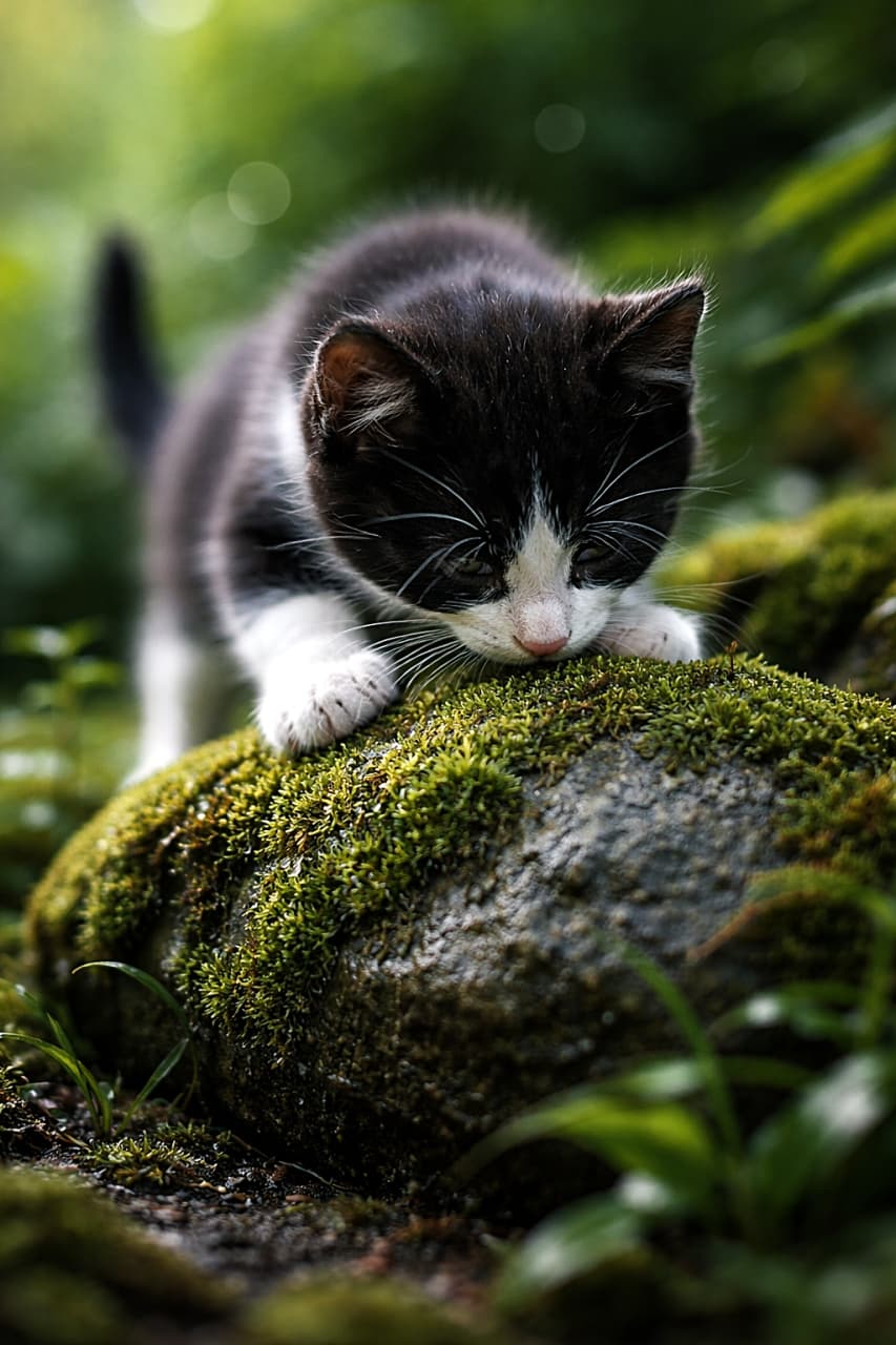 「苔むした庭石の上で、黒白の子猫がそっと探検。前足でバランスを取りながら、みずみずしい苔の香りをくんくん。ヒゲ先の小さな露まできらりと光る静かな瞬間🐾🌿」Black-and-white kitten sniffing bright green moss on a garden stone, forepaws resting on the rock; low-angle close-up with rich moss texture, moisture, and tiny dew droplets on the whiskers. 苔むした庭石に前足を置き、鮮やかな緑の苔の匂いを確かめる黒白の子猫。低いアングルの接写で、湿った苔の質感やヒゲ先の小さな露が見える