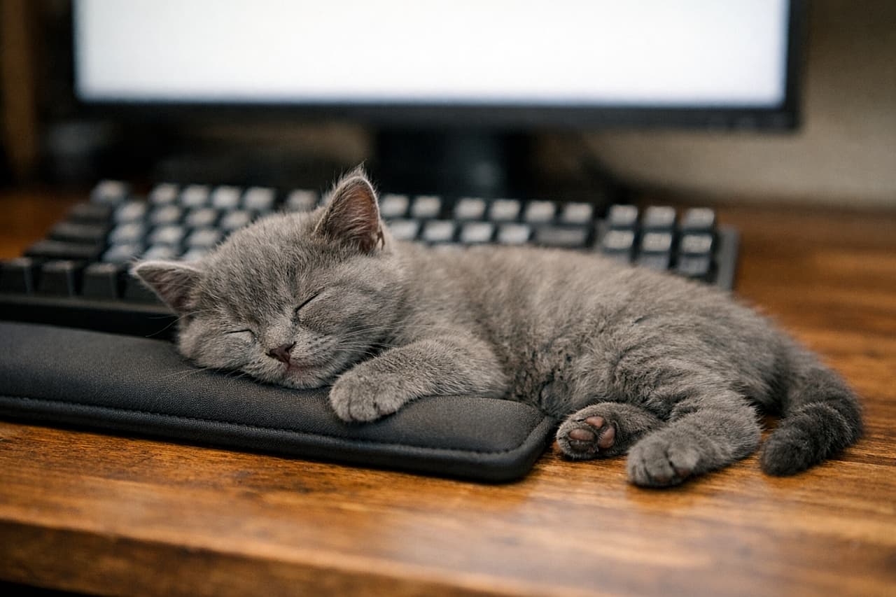 「作業机のキーボード前で、リストレストを枕にしてすやすや眠るブルーグレーの子猫。キーキャップの質感とやわらかな毛並みが、静かなデスク時間をやさしく包む一枚🐾」Blue-gray kitten sleeping with its cheek on a wrist rest in front of a mechanical keyboard on a wooden desk, eye-level photo with soft blur. 木製デスクのメカニカルキーボード前で、リストレストにほほを乗せて眠るブルーグレーの子猫。目線高さの写真で背景はやわらかくボケている