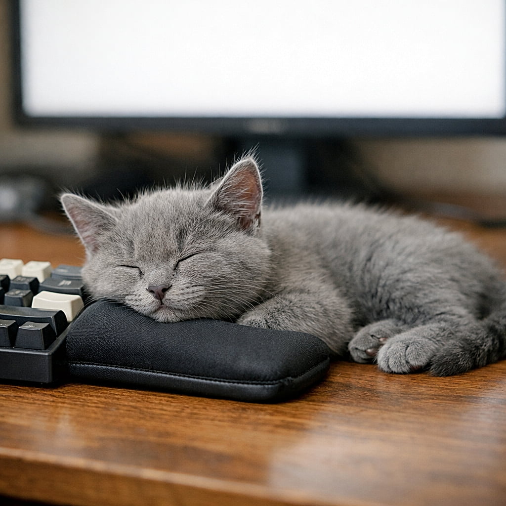 「そよ風みたいな眠気に包まれて、キーボード前は子猫の特等席🐾」Blue‑gray kitten dozing with its cheek on a wrist rest in front of a mechanical keyboard on a wooden desk, 35mm f/2.0 eye‑level, soft monitor blur, detailed keycap texture and slightly raised fur, natural anatomy with four limbs and one tail, safe low pose with no cable entanglement and clear grounding shadow. 木のデスクで、メカニカルキーボードの前のリストレストに頬をのせて微睡むブルーグレーの子猫。35mm・f/2.0・アイレベル、モニターは白紙で柔らかくぼかし。キーキャップの質感と毛の逆立ちが精細。4肢1尾・自然な横寝・安全な低姿勢・ケーブル非接触・接地影あり