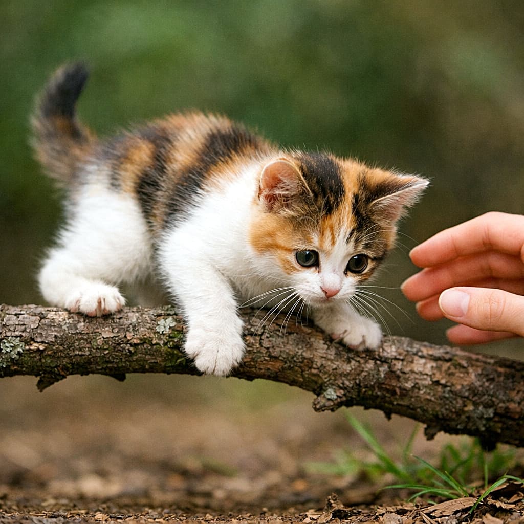 「ちょっとヒヤッ…でもすぐ安心、ちいさな勇気の瞬間🐾」A calico kitten on a branch about 30 cm above the ground slips slightly, its four limbs and tail positioned naturally. A gentle human hand hovers close without touching, ready to support. The bark texture is detailed, the kitten shows no claws, and the scene conveys both tension and relief at eye level with soft natural light. 地面から約30cmの枝で足を滑らせかけた三毛の子猫が、自然な四肢と尾の姿勢で踏ん張っている。優しい人の手が触れずにすぐそばで支えようとしており、樹皮の質感や無爪の前肢が明瞭。緊張と安心が同時に伝わるアイレベルの柔らかな光の情景