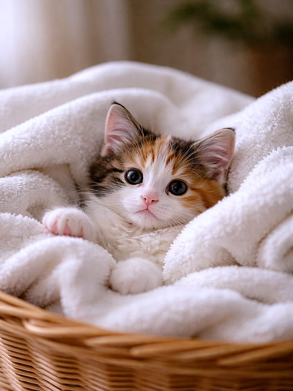 「洗いたてタオルの山にすっぽり収まった三毛の子猫。白い繊維に包まれて、ピンクの鼻と肉球がちらり。思わず触れたくなる、やさしい室内光の癒やしショット🐾」Calico kitten half-buried in freshly laundered white towels inside a wicker basket, looking up with wide eyes; soft indoor light highlights the towel fibers and the kitten’s pink nose and paw pads. 洗いたての白いタオルが詰まった籐のバスケットに半分埋もれた三毛の子猫。やわらかな室内光の中で大きな瞳を向け、タオルの繊維やピンクの鼻と肉球の質感がはっきり見える