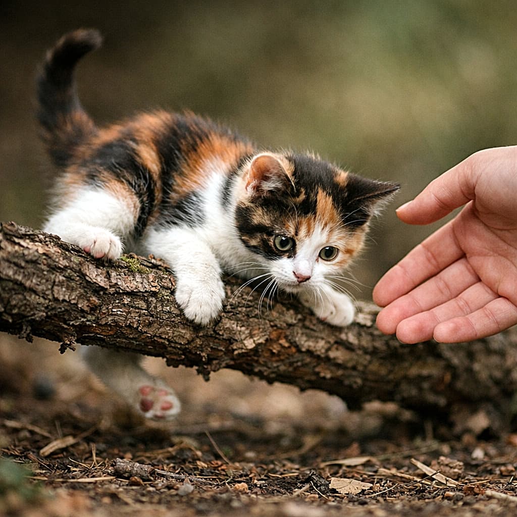 「低い枝の上で思わず足を滑らせそうになった三毛の子猫。すぐそばには、そっと支えようとする手。ドキッとする瞬間と安心感が同時に写った一枚🐾」Calico kitten slipping on a low shrub branch about 30 cm above the ground while a nearby human hand gently hovers to help, photographed at eye level with shallow depth of field and detailed bark texture. 地面から約30cmの低い枝で足を滑らせかけた三毛の子猫。そばには助けようとする人の手がそっと差し出され、樹皮の質感が写る浅い被写界深度の写真