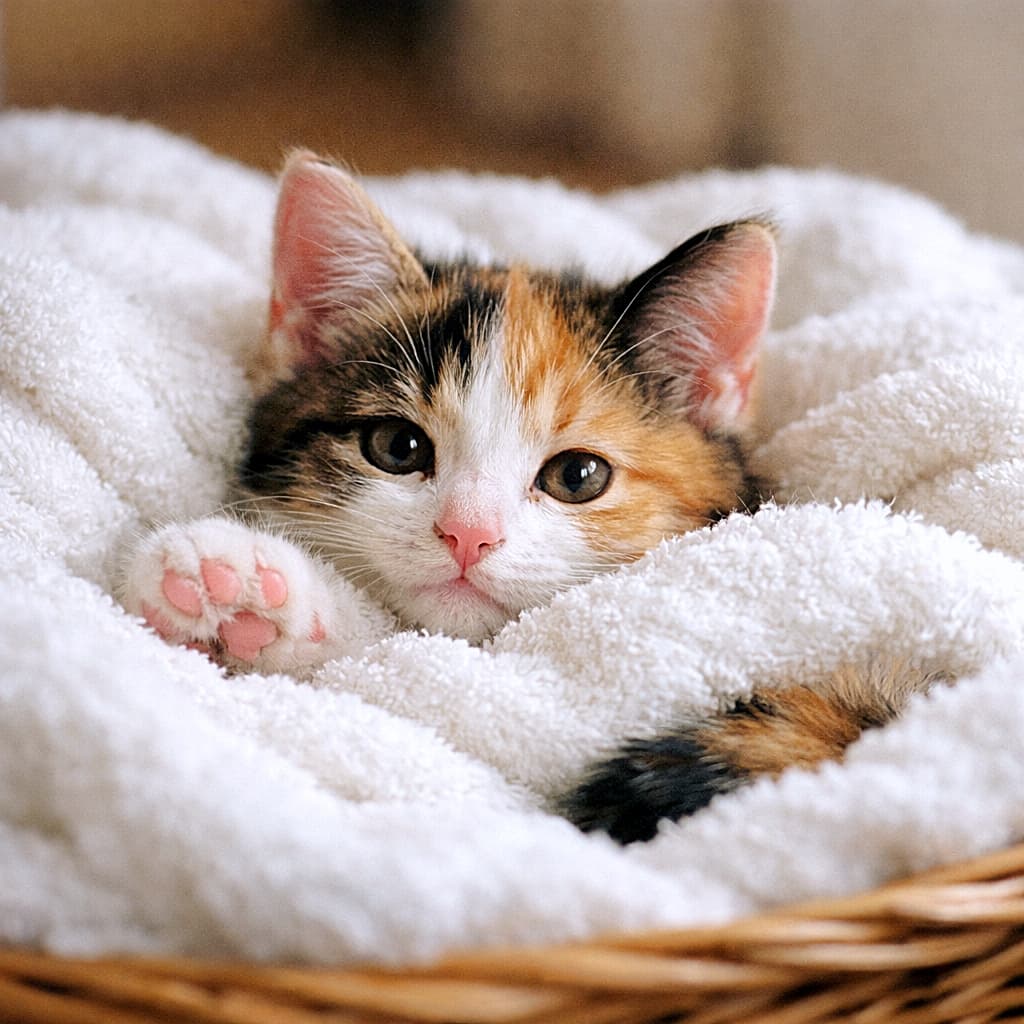 「ふわふわタオルにすっぽり…三毛子猫のぬくもりタイム♪🐾」A calico kitten half‑buried in a fluffy white towel inside a laundry basket, photographed at eye level with a 50mm lens at f/2.0. Soft indoor lighting highlights the kitten’s pink nose, tucked paws, and the detailed towel fibers. ふわふわの白タオルに半分うずもれた三毛の子猫。50mm・f/2.0・アイレベルで撮影され、柔らかな室内光がピンクの鼻先や肉球、タオルの繊維を優しく照らしている