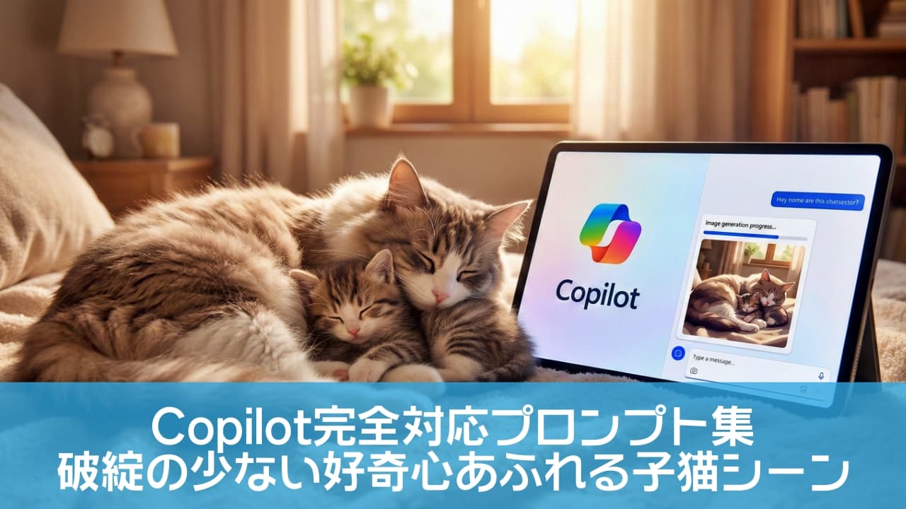 「Copilotで猫画像生成！AIで「変にならない」自然で可愛いシーンを作るコツ、教えます🐱✨」An illustration of a mother cat and kitten sleeping peacefully on a sunlit bed next to a tablet. The tablet screen displays the Microsoft Copilot logo and a chat interface generating an image of the cats. This image represents tips for creating safe and anatomically correct AI cat images using Copilot. 日差しが差し込むベッドの上で寄り添って眠る親子の猫と、その横に置かれたタブレット端末のイラスト。タブレット画面には「Copilot」のロゴとチャット画面が表示され、AIが猫の画像を生成しているプロセスが描かれている。AI画像生成における安全なシーン作成やプロンプトのコツを解説する記事のアイキャッチ画像