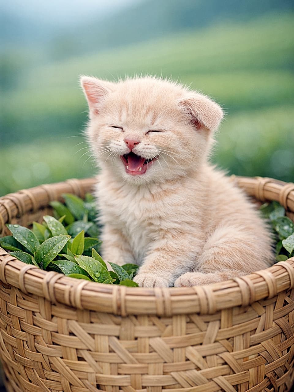 「若葉の香りに包まれて、ふわっとひと休み🐾」A cream-colored kitten sits safely in a woven bamboo tea-picking basket, squinting after a small yawn. The razor-detailed bamboo weave and dewy young-green tea leaves surround the kitten. Soft downy ear hairs and natural anatomy—four limbs, one tail, relaxed joints, sheathed claws—are clearly visible. The background shows blurred Shizuoka tea fields, photographed at eye level with an 85mm lens at f/2.0, following the rule of thirds. 編み目の細かい竹製の茶摘みかごの中で、クリーム色の子猫が小さなあくびの直後に目を細めている。竹の編み目は極めて精緻で、若々しい緑の茶葉には朝露が光る。子猫の耳の産毛や、四肢・しっぽ・自然な関節・収納された爪など、安全で自然な体の構造が明瞭。背景には静岡の茶畑がやわらかくボケ、85mm・f/2.0・目線の高さ・三分割構図で撮影された雰囲