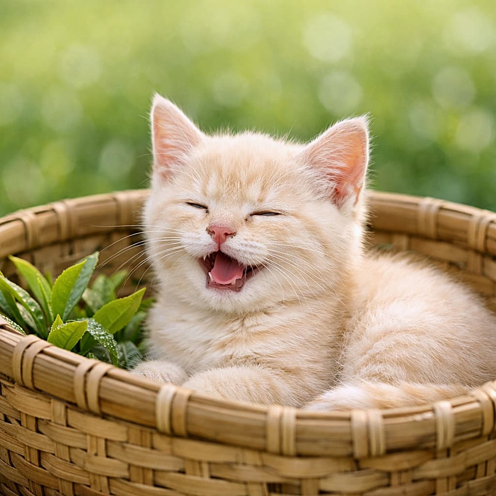 「新茶の香りに包まれて、ふわっとひと休み🍵🐾」A cream-colored kitten sits inside a woven bamboo tea-picking basket, eyes narrowed in the lingering moment after a yawn. The basket’s weave is sharply detailed, surrounded by soft-focus fresh green tea fields. The kitten has four limbs, one tail, natural joints, retracted claws, and fine ear fuzz visible. Lighting is calm and natural, with a clear grounding shadow. 竹編みの茶摘み籠の中で、クリーム色の子猫があくびの余韻で目を細めている。籠の編み目は精緻に描写され、背景には柔らかくボケた新茶畑が広がる。子猫は4肢1尾、関節は自然で爪は収納され、耳の産毛まで見える。落ち着いた自然光で、接地した影も明瞭