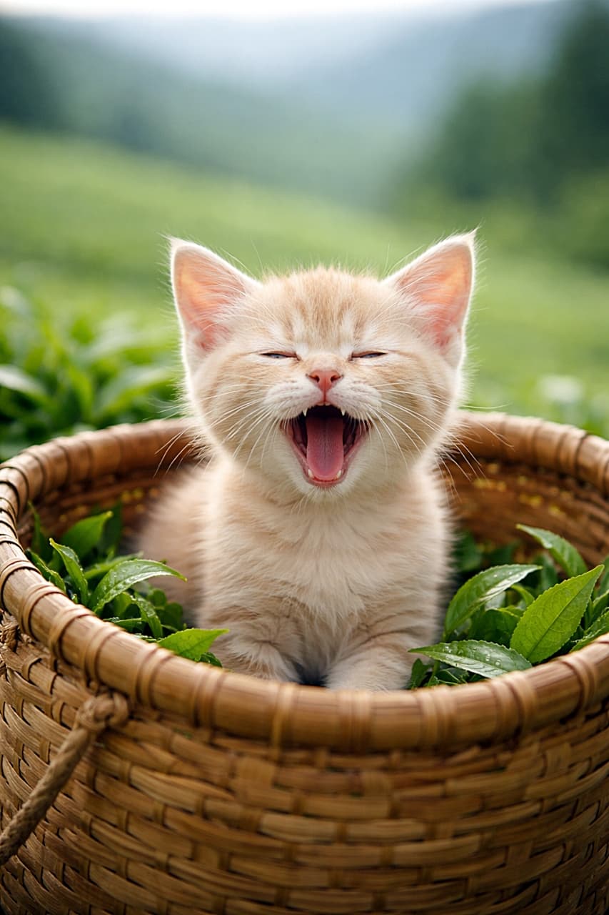 「静岡の茶畑を背景に、竹の茶摘みかごで大あくびしたクリーム色の子猫。摘みたての茶葉に囲まれて、のどかな新緑の空気に包まれる癒やしのひとコマ🐱🌱」A cream-colored kitten squints after a big yawn while sitting inside a woven bamboo tea-picking basket filled with fresh green tea leaves, with softly blurred Shizuoka tea fields in the background. 編み込まれた竹の茶摘みかごの中で大きなあくびのあとに目を細めるクリーム色の子猫。かごには摘みたての茶葉が入り、背景には静岡の茶畑がやわらかくぼけて広がる