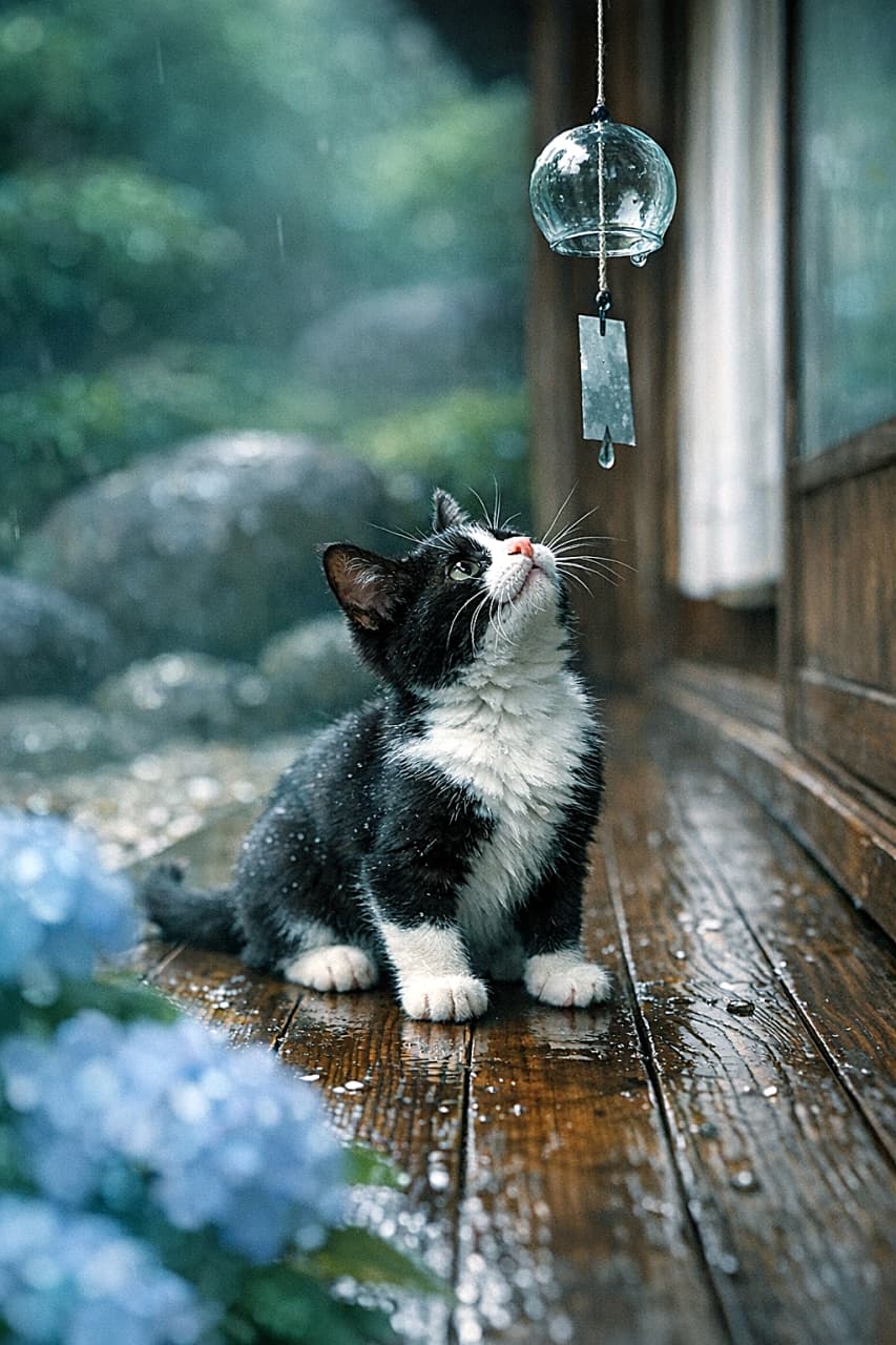 「雨粒の余韻に、ちいさな冒険心がきらり🐾」A low‑angle 35mm photo of a black‑and‑white bicolor kitten sitting on a glossy, rain‑soaked engawa. The kitten looks up at a glass wind chime, a droplet resting on its nose, ears slightly twitching. Soft diffused light reveals crisp wood grain, water droplets, and fine whiskers. Hydrangea bokeh fills the foreground, with garden stones softly blurred behind. Cool teal‑leaning color mood, natural anatomy with four limbs, one tail, grounded shadows, and safe low-height setting. 雨上がりで濡れて艶のある縁側に座る黒白の子猫を、ローアングルの35mmで捉えた写真。子猫は風鈴を見上げ、鼻先に水滴が乗り、耳がわずかに動いている。柔らかな拡散光が木目や水滴、ひげの質感を鮮明に描き出す。前景には紫陽花のボケ、背景には庭石が柔らかく映り、全体はクールでティール寄りの色調。四肢・尻尾・自然な関節角度・安全な高さ・影の接地など、解剖学的に正しい描写