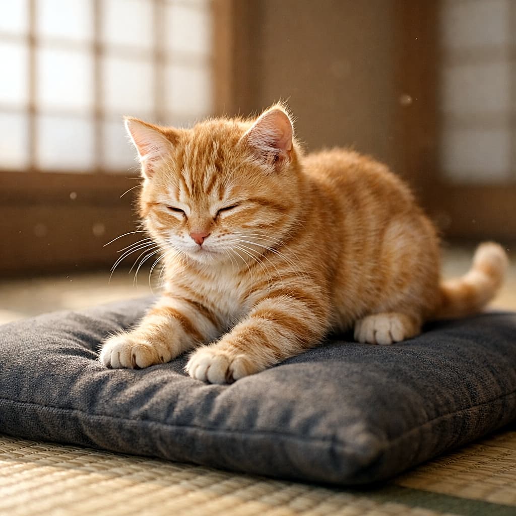 「午後のやさしい光の中で、座布団をふみふみ…茶トラ子猫のとろけ顔。和室の静かな時間が、ちょっと幸せに変わる瞬間🐾」A ginger tabby kitten kneads a soft zabuton cushion in a serene tatami room, eyes half-closed in bliss as warm afternoon light filters through shoji screens. 障子越しの午後の柔らかな光が差し込む和室で、座布団をふみふみする茶トラの子猫。とろけそうな半目でくつろぐ穏やかな瞬間
