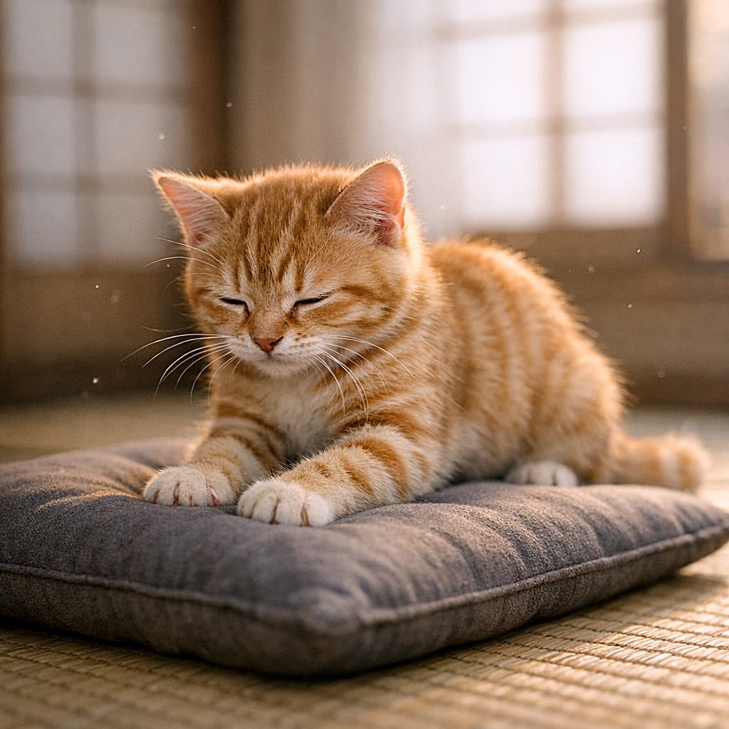 「午後のひかりにとろける、ふみふみ天使」A short‑haired ginger tabby kitten kneads a slightly indented zabuton in a serene tatami room lit by soft, shoji‑filtered afternoon light. The 50mm eye‑level shot uses shallow depth of field with crisp focus on the whiskers, gentle rim light on the fur, floating dust motes, and accurate feline anatomy with four limbs, one tail, natural joint angles, and proper grounding. 柔らかな障子越しの午後光が差す静かな畳の部屋で、短毛の茶トラ子猫が少し凹んだ座布団をふみふみしている。50mm・アイレベル・浅い被写界深度で、ひげに正確なピント、毛並みのリムライト、舞う塵、そして四肢・尻尾・関節角度など自然な猫の解剖学が正しく表現されている