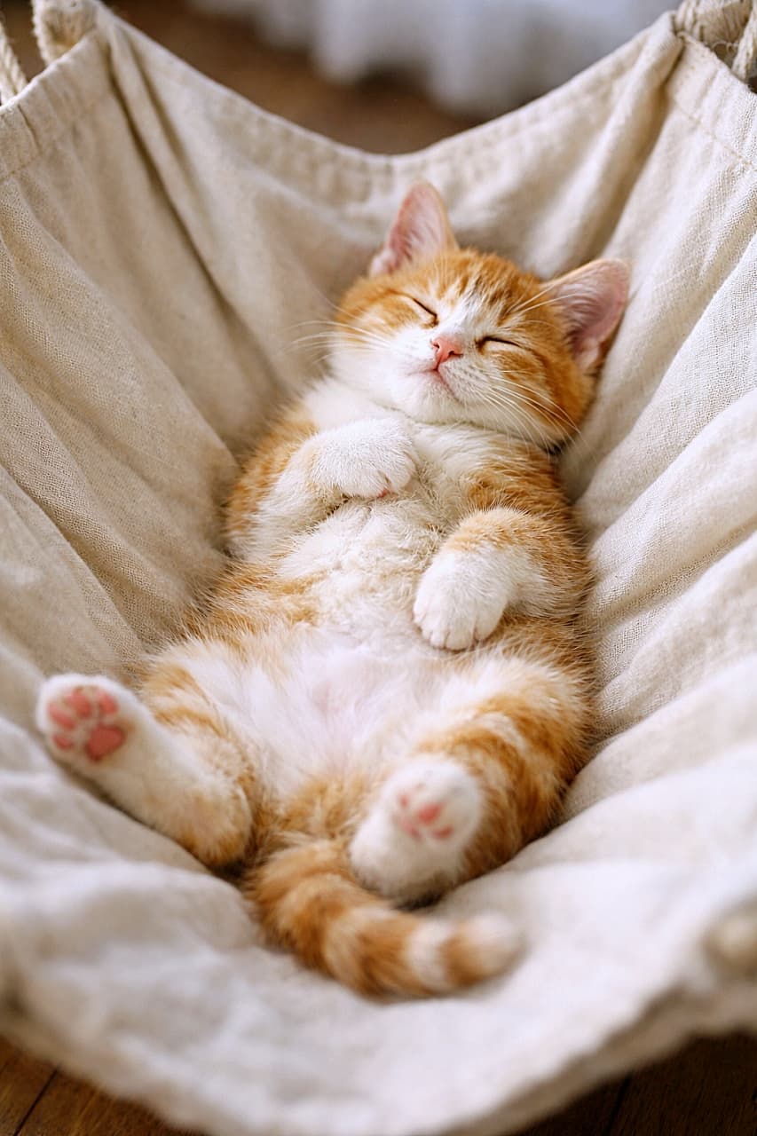 「室内ハンモックで仰向けにくつろぐ茶白の子猫。胸に前足をちょこんと乗せ、やわらかな窓の光と布の揺れに包まれて、のんびり気持ちよさそうなひととき🐾」A ginger-and-white kitten lies belly-up in a soft indoor fabric hammock, one forepaw resting on its chest. Diffuse window light highlights the fabric wrinkles and the kitten gently sinking into the hammock. 室内の布製ハンモックに仰向けで寝転ぶ茶白の子猫。前足の片方を胸に乗せ、柔らかな窓光の中でハンモックの布に体を沈めてくつろいでいる