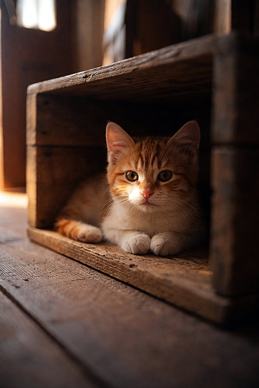 「玄関の木箱にすっぽり収まった茶白の子猫。扉のすき間から差す細い光が顔をそっと照らし、静かな午後の空気と木のぬくもりが伝わるワンシーン🐾」Ginger-and-white kitten resting in a wooden entryway crate, a narrow band of door light crossing its face, photographed from a low angle with warm indoor shadows and detailed wood texture. 玄関の木箱の中で香箱座りする茶白の子猫。扉の隙間から差し込む細い光が顔を横切り、低いアングルで木目や床の質感がやわらかく写る写真