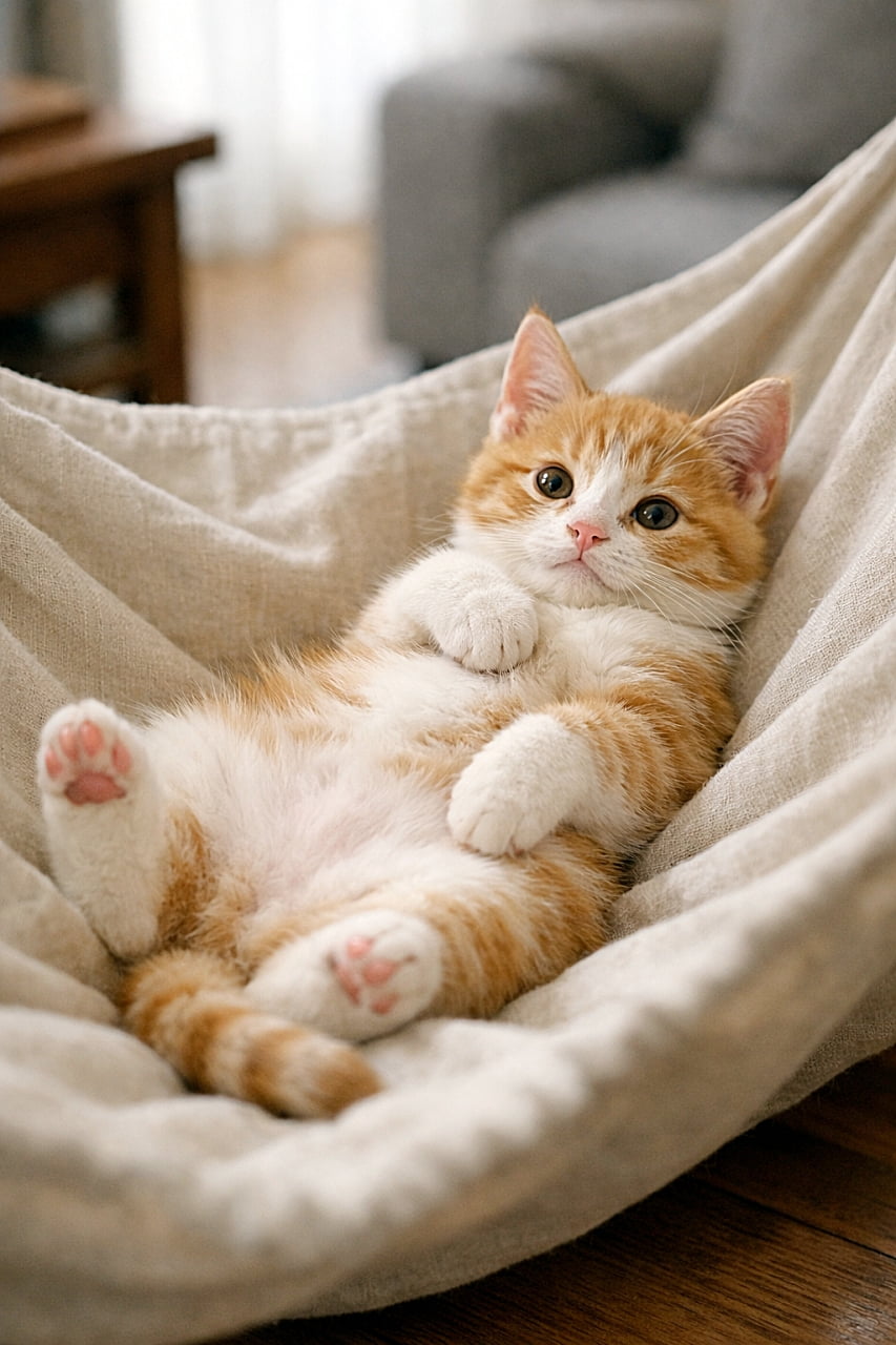 「ふわふわ午後、ハンモックでとろける子猫タイム🐾」A brown‑and‑white kitten lies on its back in a fabric hammock in a living room, one front paw resting on its chest. The 85mm, f/2.0 slightly top‑down angle shows the fabric tension, wrinkles, and the kitten’s natural body sink. Soft diffused window light creates gentle shadows, with clear contact between the kitten’s body and the cloth. The anatomy is natural with four limbs and one tail, retracted claws, and no extra parts. 茶白の子猫がリビングの布ハンモックで仰向けになり、片方の前足を胸に添えている。85mm・f/2.0のやや俯瞰で、布の張力やしわ、体の沈み込みが自然に描写されている。窓からの拡散光が柔らかい影を作り、子猫の体は布にしっかり接地。四肢と尾は正常で、爪は収納され、余分な部位はない