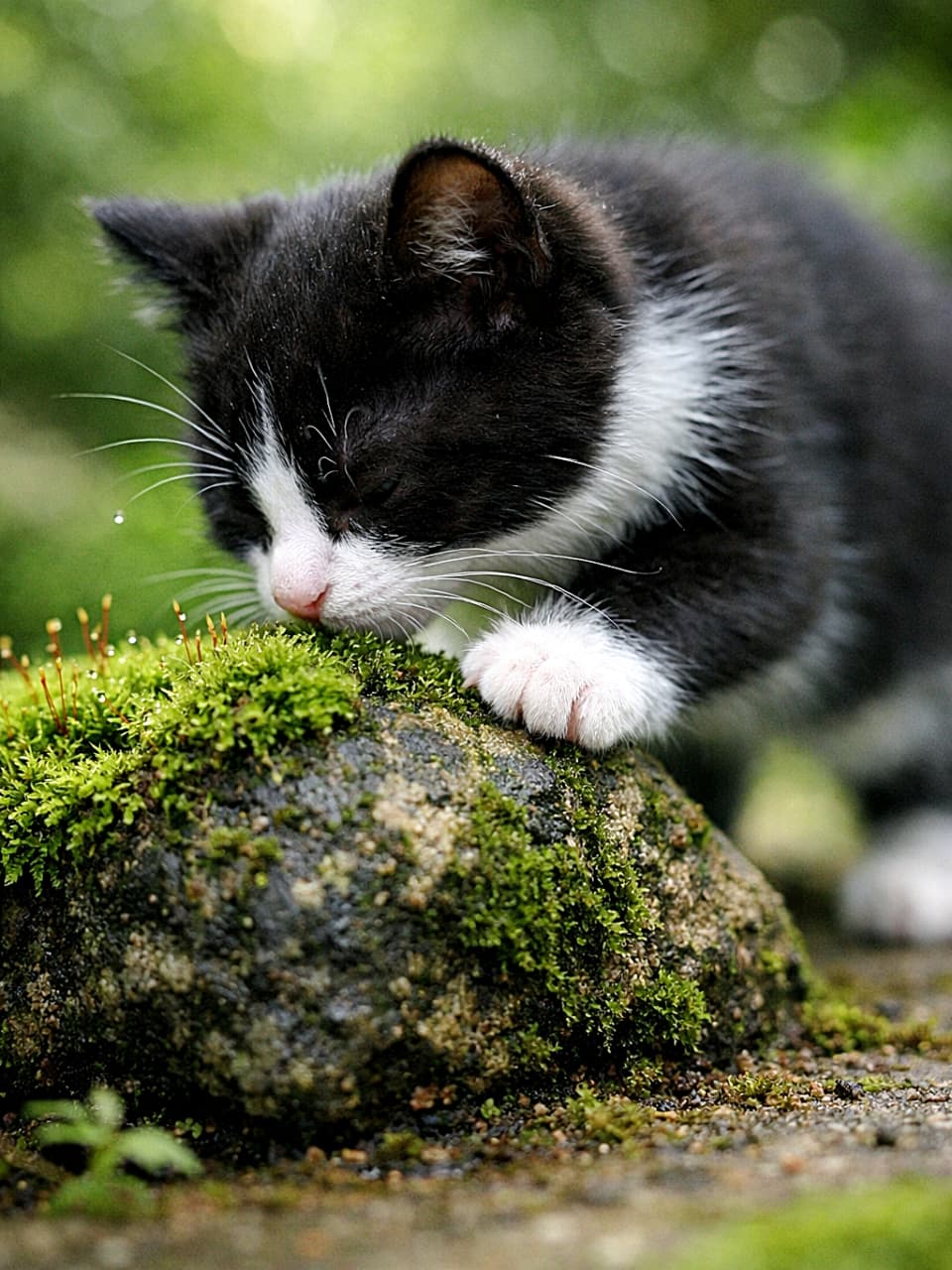 「苔の香りにそっと夢中、春の庭で小さな探検🐾」A black‑and‑white kitten places its front paw on a moss‑covered garden stone, sniffing the moist moss from a low angle. Rich green tones, visible moss spores, natural paw load, retracted claws, stable ground, and dew on the whisker tips. 黒白の子猫が苔むした庭石に前足をそっと乗せ、鼻先で湿った苔の匂いを確かめているローアングルの構図。豊かな緑の階調、苔の胞子、自然な荷重と爪収納、安定した地面、髭の先端の露が描写されている