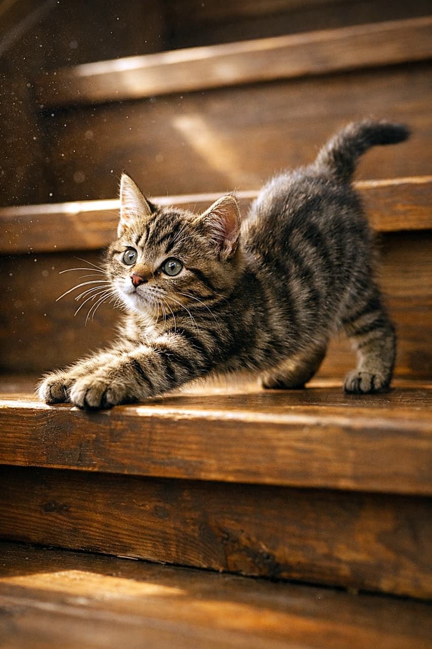 「午後のひかりで、ちいさな背伸び🐾」A brown tabby kitten stretches on the third step of a wooden staircase in soft afternoon diagonal light, arching its back with front paws placed on the upper step. Dust particles float in the warm light, and the kitten’s moist nose, detailed fur texture, and window-frame reflections in its eyes are clearly visible. The scene is shot at 50mm, f/2.2 from a slightly low angle with a diagonal composition. Anatomy is natural with four limbs and one tail, weight on the front legs, claws retracted, and a clear grounding shadow. 木の階段の3段目で、午後の斜光を浴びながらキジトラ子猫が背中を弓なりに伸ばし、前足を上の段にかけてストレッチしている。埃の粒が光に浮かび、鼻の湿り気や毛並みの立体感、瞳に映る窓枠が鮮明。50mm・f/2.2・ややローアングル・対角線構図。解剖学は自然で4肢1尾、前足に体重が乗り、爪は収納され、接地影も明瞭
