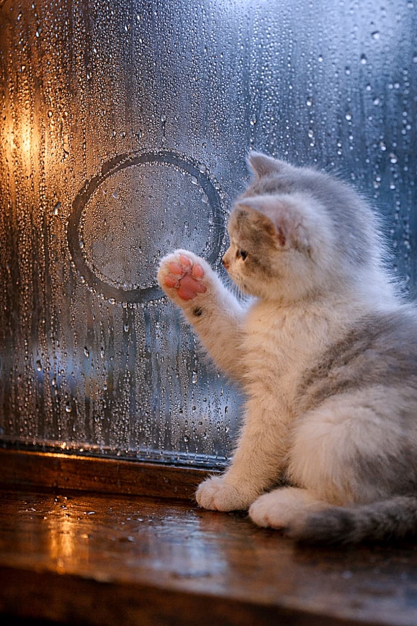 「雨で曇った窓に、子猫がちょこんと前足で円を描く。外は冷たい雨景色、内側はあたたかな灯り。小さな肉球の跡が残る、静かでやさしいひととき🐾🌧️」White-gray kitten tracing a circle on a fogged rainy window with its paw, warm indoor light contrasting with the cool blue rainy exterior. 雨で曇った窓ガラスに前足で円を描く白灰の子猫。室内の暖かな光と、外の冷たい雨景色の色対比