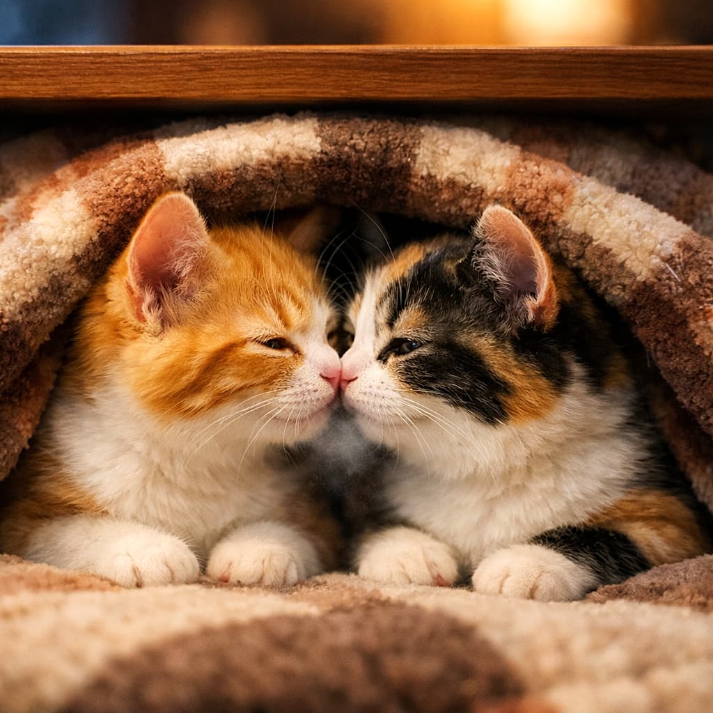 「こたつ布団からひょこっと顔を出した茶白と三毛の子猫。鼻先をちょこんと合わせて、冬の空気にふわりと白い息。ぬくもりに包まれた、ほっとする可愛い瞬間🐾」Two kittens—one ginger-and-white and one calico—peek out from under a fluffy kotatsu quilt, their noses gently touching with a faint puff of breath visible in the cool air. Warm tungsten light and soft window light illuminate their fur as they rest symmetrically at eye level. こたつ布団のすき間から顔を出した茶白の子猫と三毛の子猫が、鼻先をそっと合わせて寄り添う。吐く息がうっすら白く見え、暖かな灯りに照らされた冬の静かなひととき