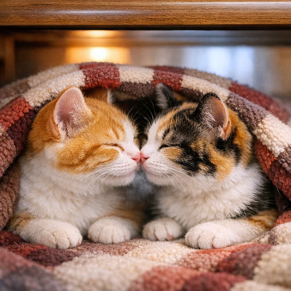 「ぬくぬくこたつで、ふたりの鼻がちょこん♡ ほわっと吐息、冬の魔法🐾」Two kittens, one ginger-and-white and one calico, peek out from under a kotatsu quilt with their noses touching and faint breath haze visible, captured in warm mixed lighting with soft fur textures and clear contact shadows. 白と三毛の子猫がこたつ布団から顔を出し、鼻を寄せ合ってうっすらと吐息を交わす様子。暖かな混合光の中、柔らかな毛並みと接地影が丁寧に描写されている