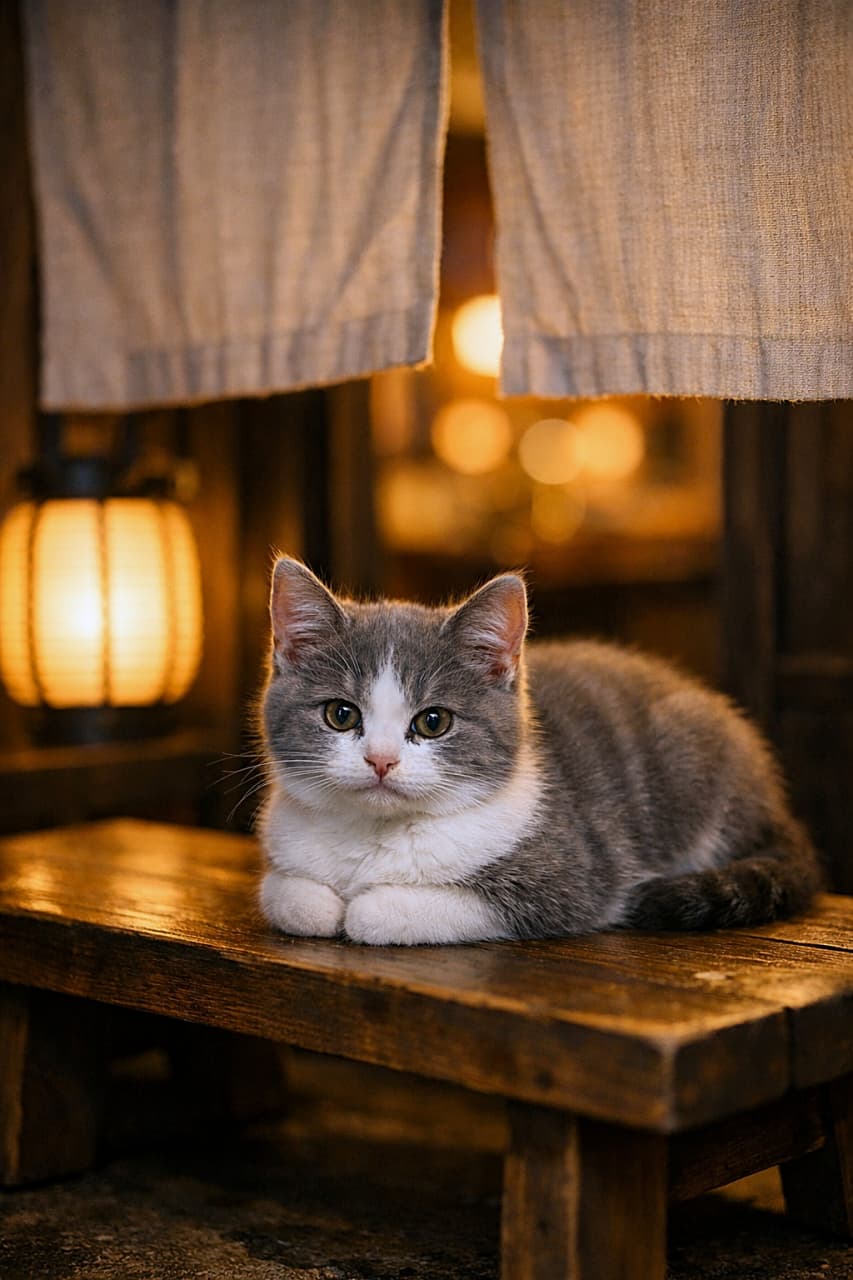 「のれんの向こうからこぼれる提灯の灯り。木のベンチで香箱座りするグレー&ホワイトの子猫が、静かな夜の店先をやさしく見守る一枚✨🐾」Gray-and-white kitten loafing on a wooden bench outside a lantern-lit shop at night, warm light glowing beyond a noren curtain; delicate fur detail and soft shadows. 提灯のあたたかな灯りがのれん越しににじむ夜の店先。木のベンチの上で香箱座りするグレー&ホワイトの子猫。やわらかな毛並みと穏やかな影