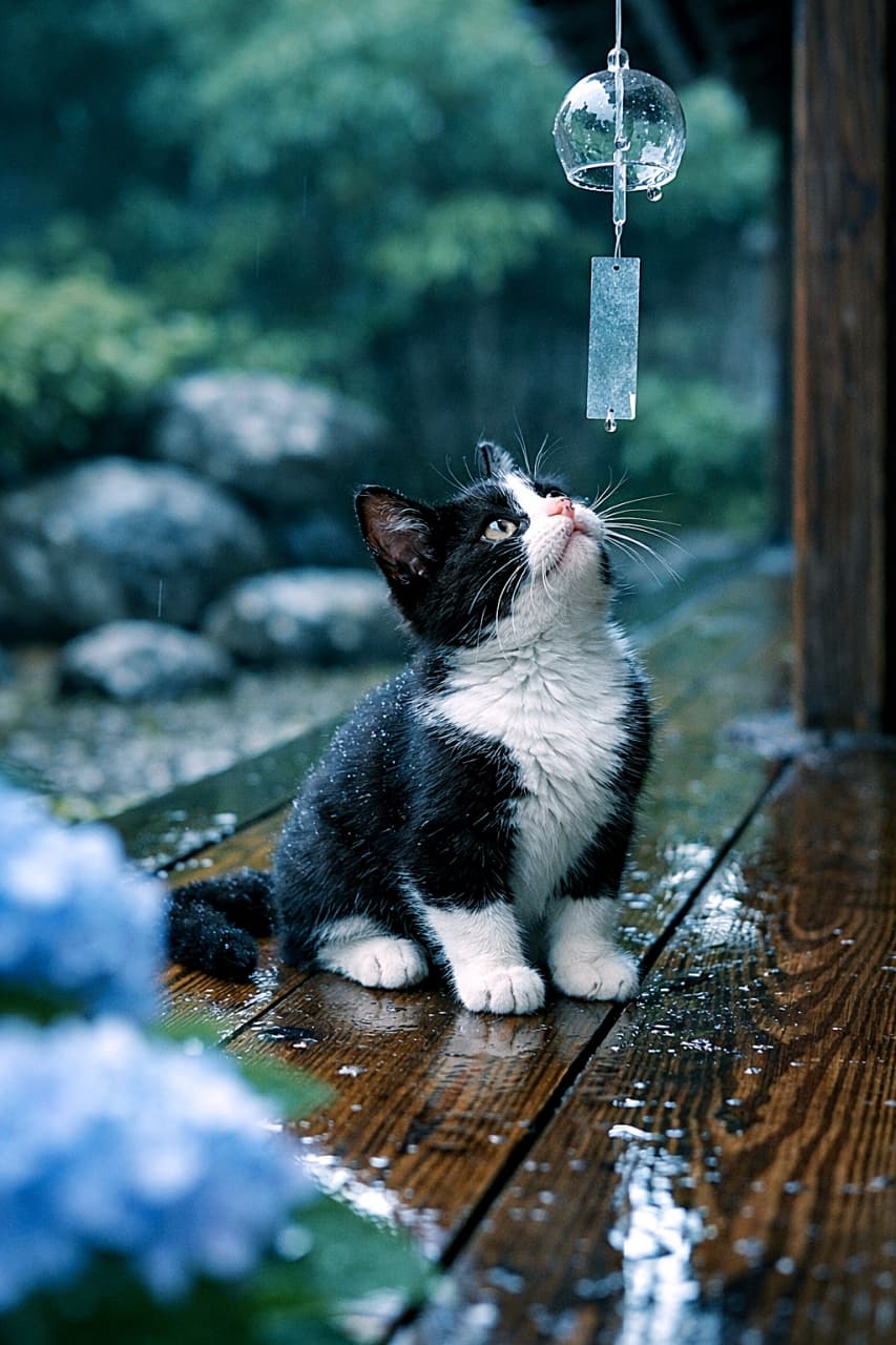 「雨あがりの縁側で、風鈴をじっと見上げる白黒子猫。鼻先のしずくとピンと立つ耳、チリン…と鳴る音に小さな好奇心が止まりません🐾」Black-and-white bicolor kitten sitting on a rain-wet wooden engawa, looking up at a glass wind chime. Hydrangea bokeh in the foreground and garden stones behind create a cool, teal-toned rainy-day atmosphere. 雨上がりで濡れた縁側の木床に座る白黒のバイカラー子猫が、ガラスの風鈴を見上げている。手前には紫陽花のボケ、奥には庭石が見える涼しげな雰囲気の写真