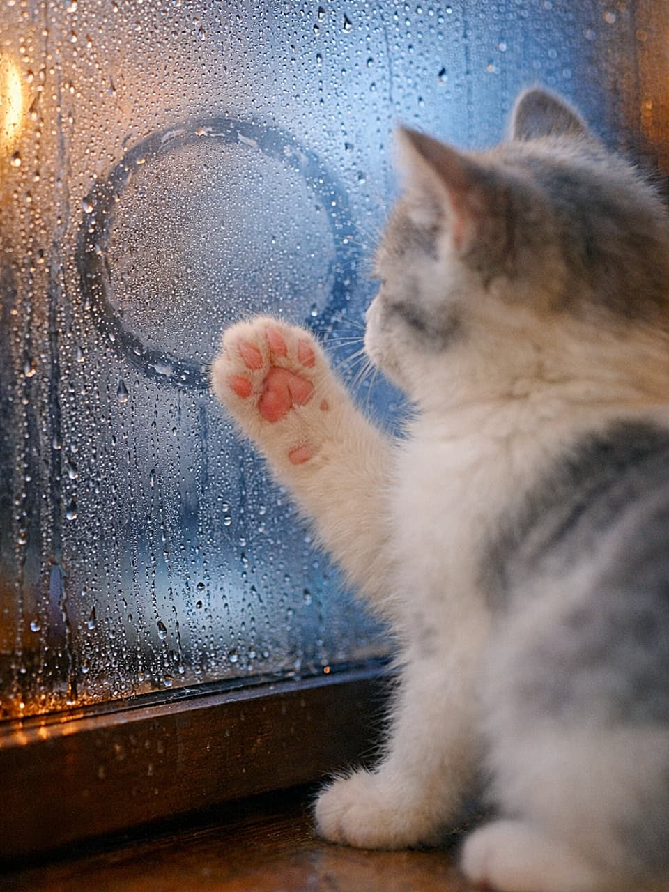 「雨の窓に、ちいさなまるを描く午後🐾」A white‑gray kitten inside a warm room presses its front paw against a rain‑covered foggy window, drawing a circular mark. Focus is on the wet window surface with raindrops and condensation; the kitten is softly out of focus from the shoulders up. Warm indoor light contrasts with the cool blue tones outside. The paw shows natural pink pads, correct anatomy, and no extra limbs or distortions. 雨粒のついた曇りガラスに、室内側から白灰の子猫が前足で円を描いている。焦点は窓面の水滴と結露にあり、子猫は半身が柔らかくボケている。室内は暖色、外は寒色。前足の肉球は薄いピンクで、解剖学的に自然。余分な肢・尾・耳はなく、ねじれもない