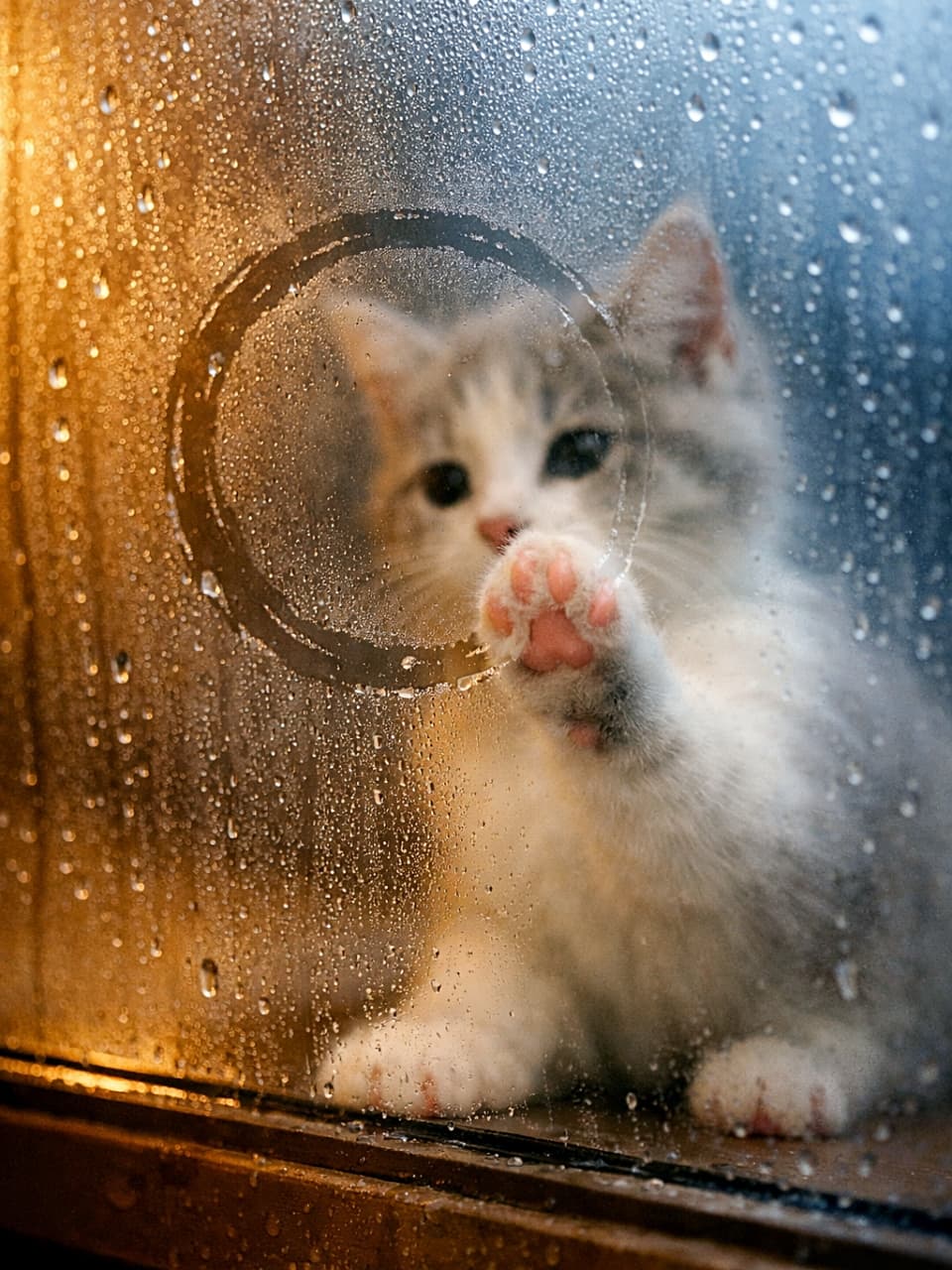 「雨の窓に小さな魔法、子猫のまる描き🐾」A white‑gray kitten inside a warmly lit room presses its pink paw pads against a rain‑covered, foggy window, drawing a circular shape on the glass. The focus is on the wet window surface, with raindrops and a partially cleared circle, while the kitten’s body is softly out of focus. Warm indoor tones contrast with the cool, rainy outdoor colors. 雨粒と曇りのついた窓に、白灰の子猫が内側から薄ピンクの肉球で円を描いている。焦点は窓面にあり、結露の指あとと未完成の円がくっきり見え、子猫の半身は柔らかくぼけている。室内の暖色と外の寒色が対比している